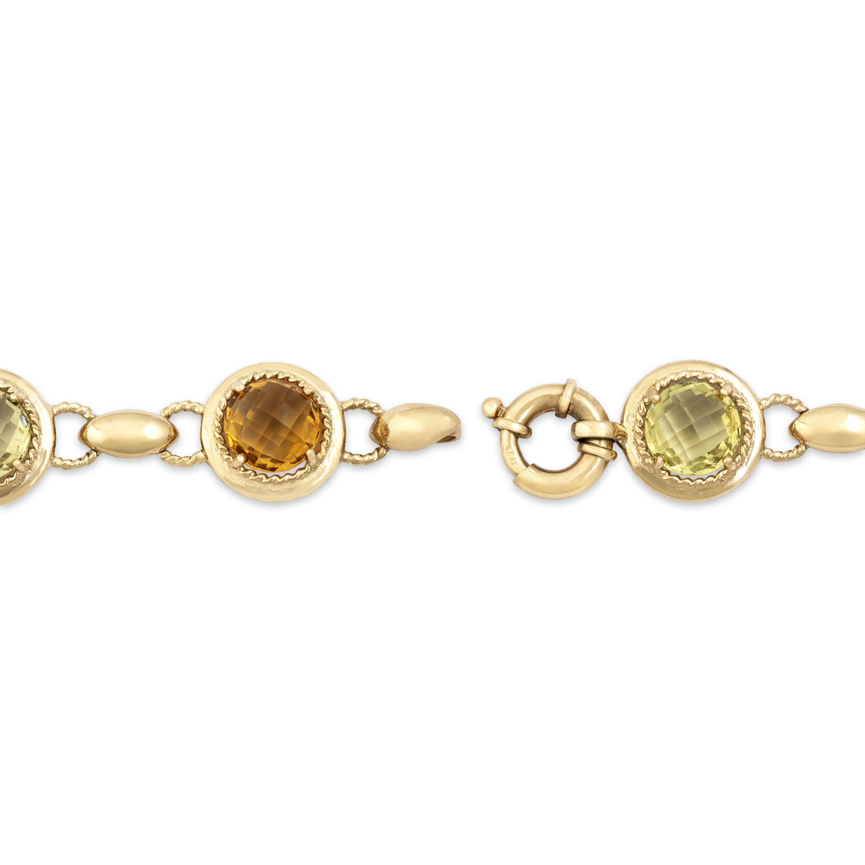 Vibrant Vintage 14k Yellow Gold 5.33cttw Citrine 5.14cttw Lemon Quartz 4.07ct Blue Topaz 2.81ct Amethyst Round Cable Station Bracelet - clasp view