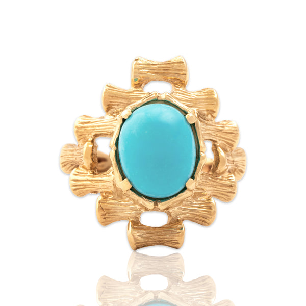 Vintage 14k Yellow Gold 2.29ct Turquoise Fantastic Textured Bamboo Ring 6.00