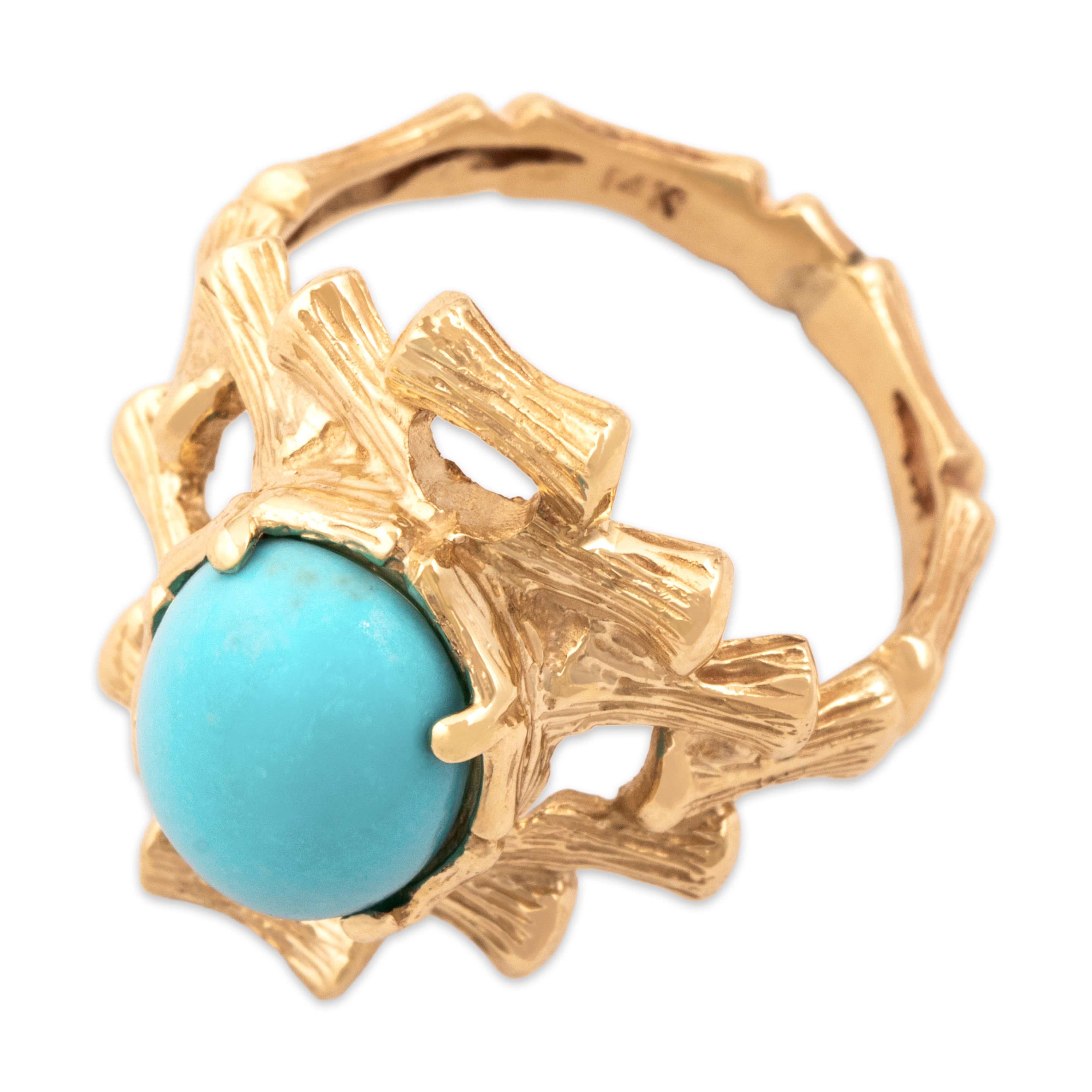 Vintage 14k Yellow Gold 2.29ct Turquoise Fantastic Textured Bamboo Ring 6.00