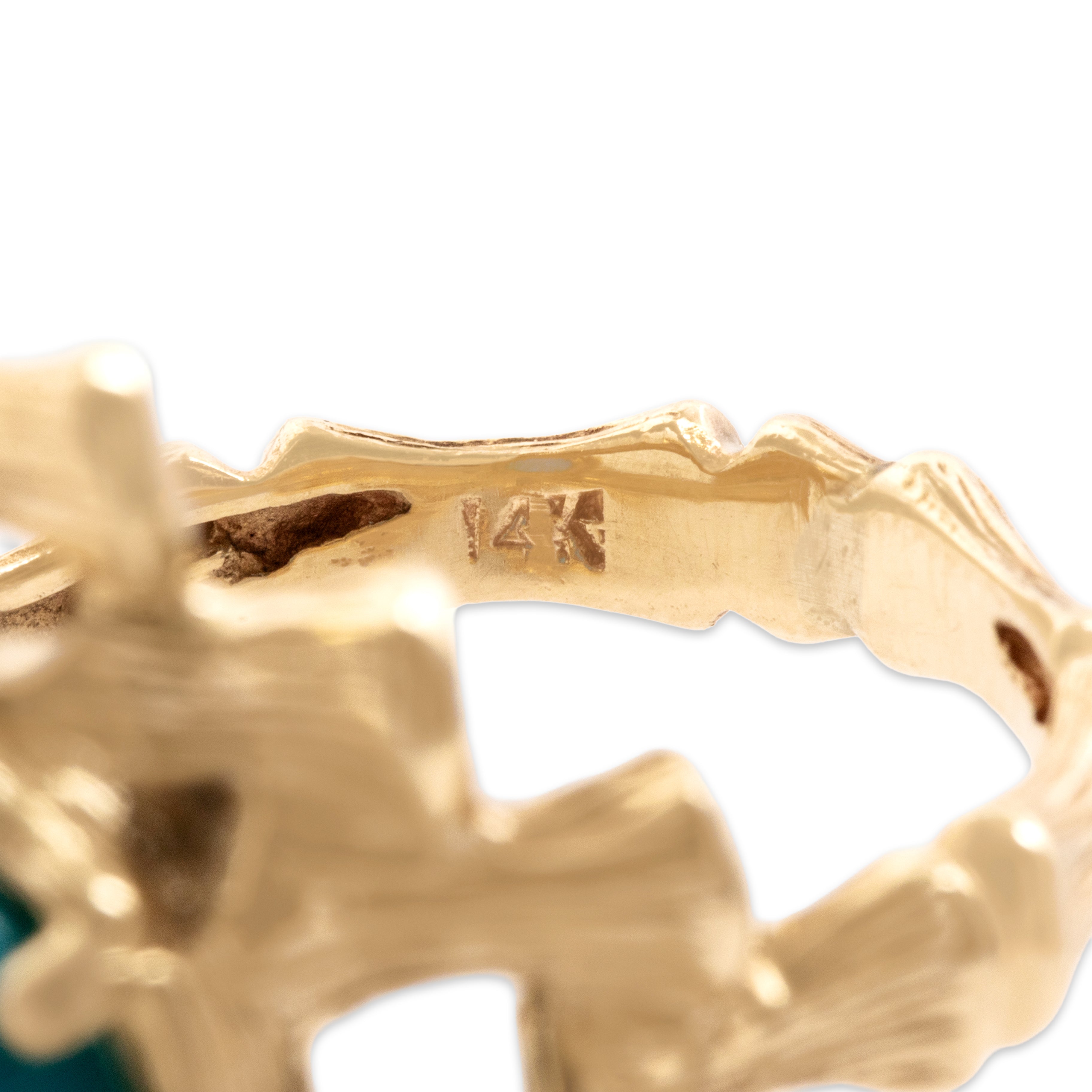 Vintage 14k Yellow Gold 2.29ct Turquoise Fantastic Textured Bamboo Ring - Hallmark view