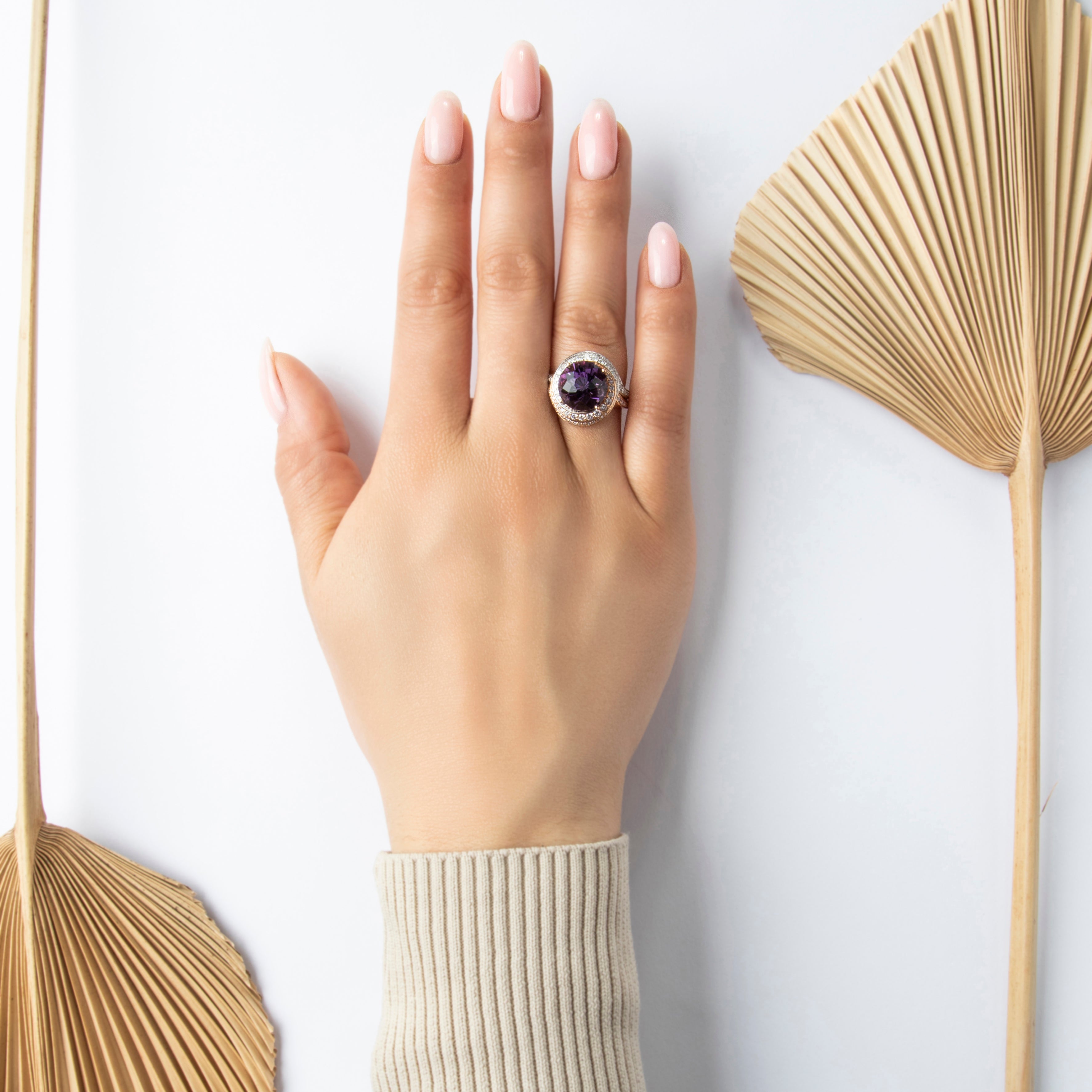 Vintage Heavy 18k White & Rose Gold 4.81ct Amethyst .59cttw Diamond Dazzling Swirling Shoulder Cocktail Ring - On model view