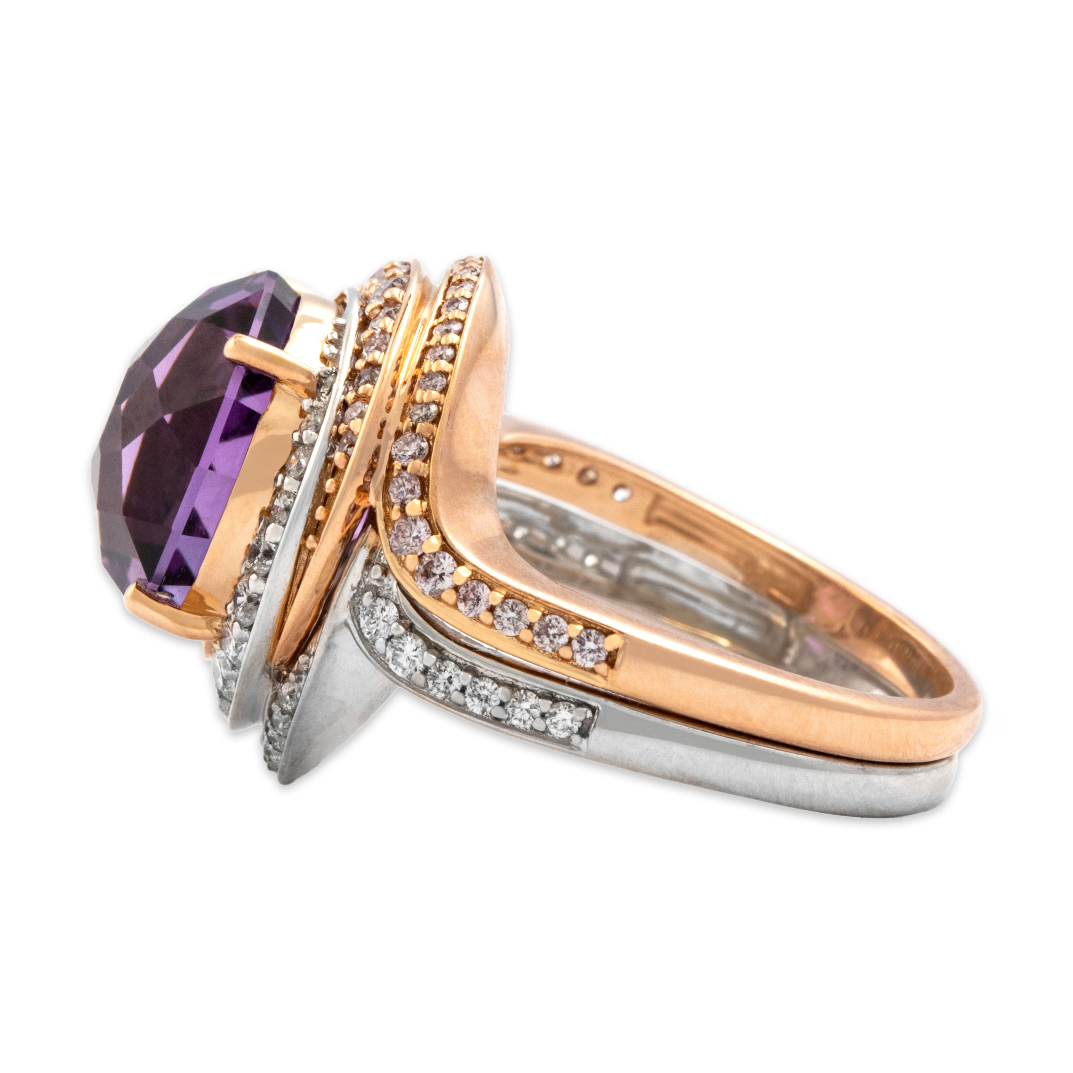 Vintage Heavy 18k White & Rose Gold 4.81ct Amethyst .59cttw Diamond Dazzling Swirling Shoulder Cocktail Ring - Side view
