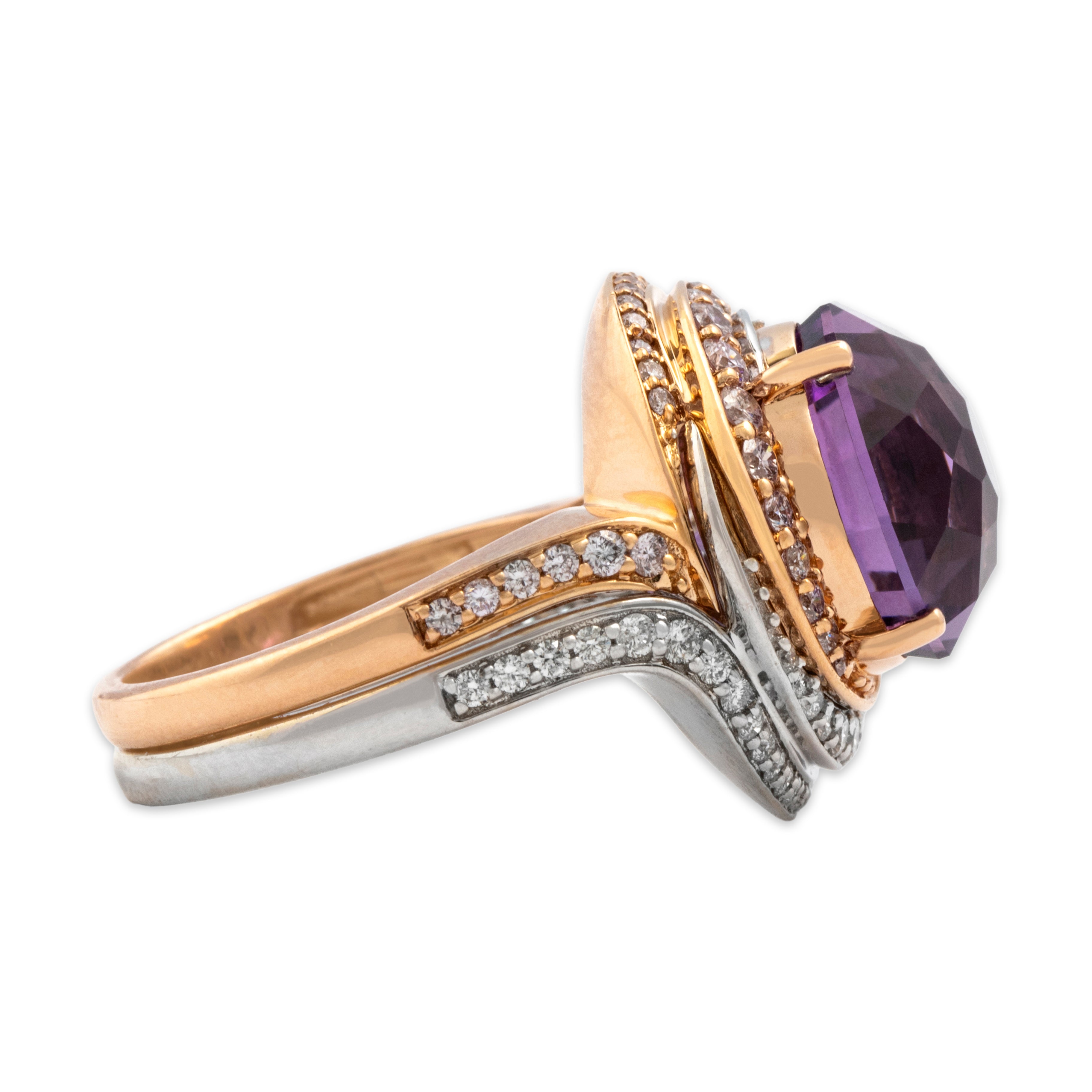 Vintage Heavy 18k White & Rose Gold 4.81ct Amethyst .59cttw Diamond Dazzling Swirling Shoulder Cocktail Ring - Side view