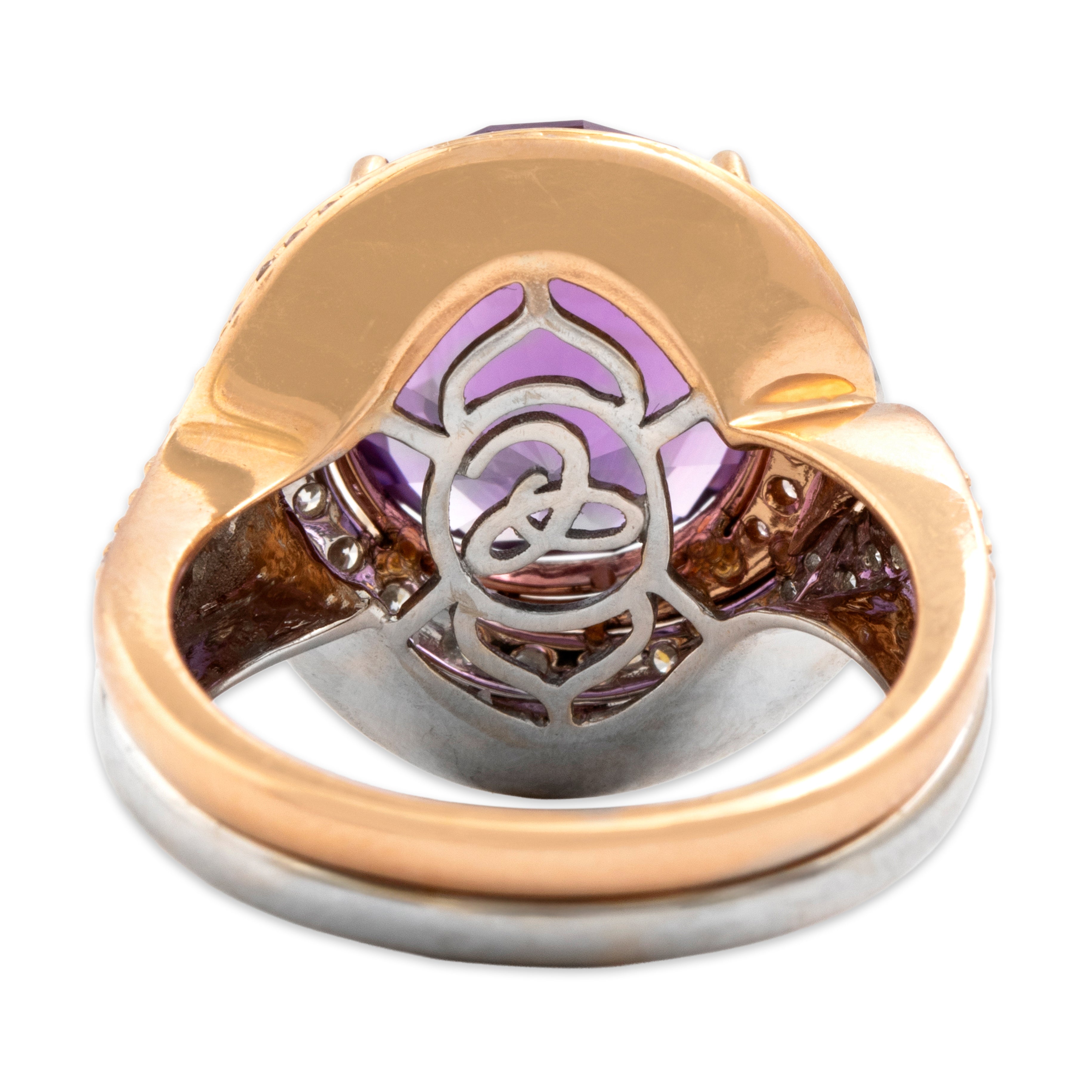 Vintage Heavy 18k White & Rose Gold 4.81ct Amethyst .59cttw Diamond Dazzling Swirling Shoulder Cocktail Ring - Back view