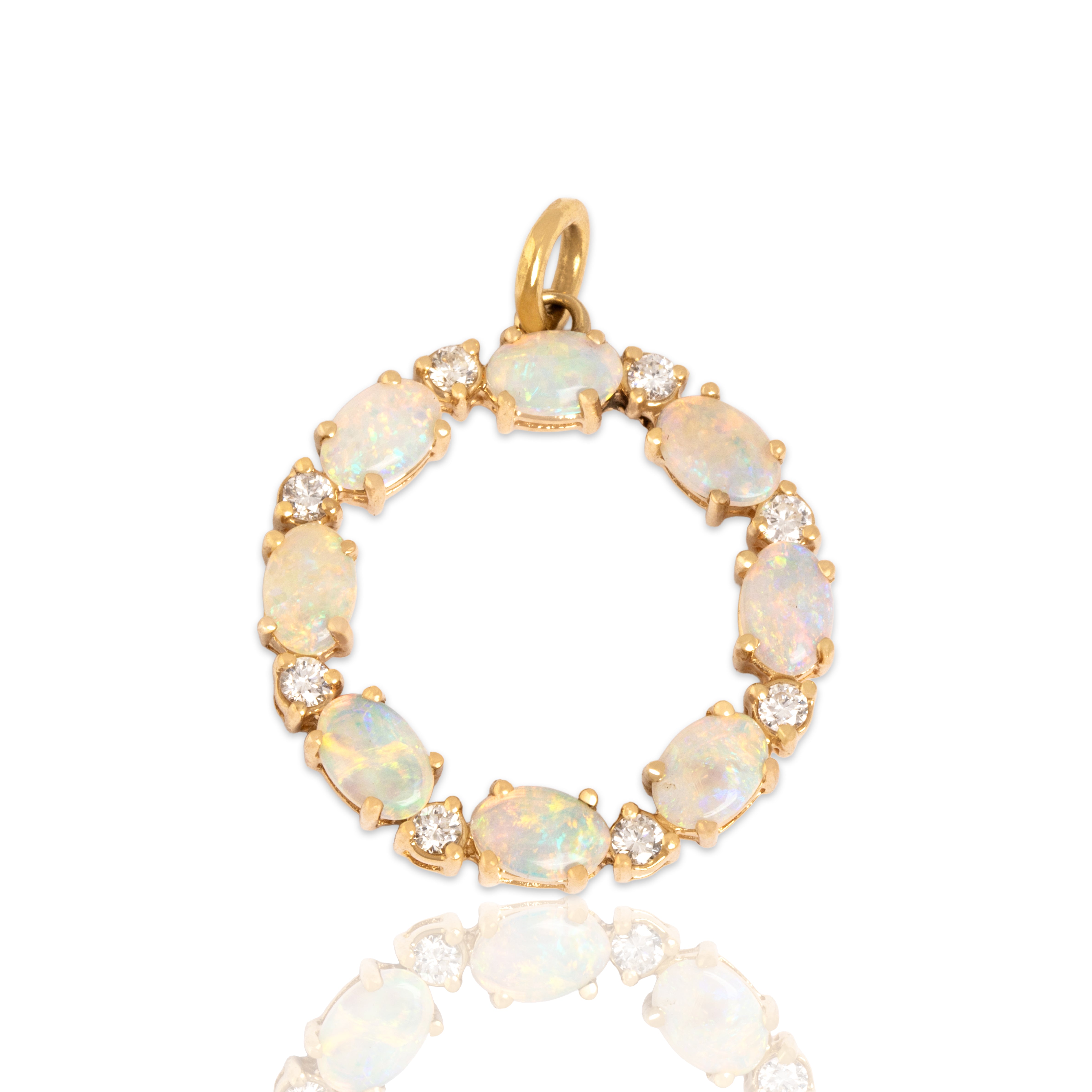 Vintage 14k Yellow Gold 1.61cttw Opal Diamond Iridescent Sparkling Halo Pendant - Close-up view