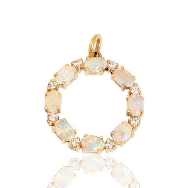 Vintage 14k Yellow Gold 1.61cttw Opal Diamond Iridescent Sparkling Halo Pendant