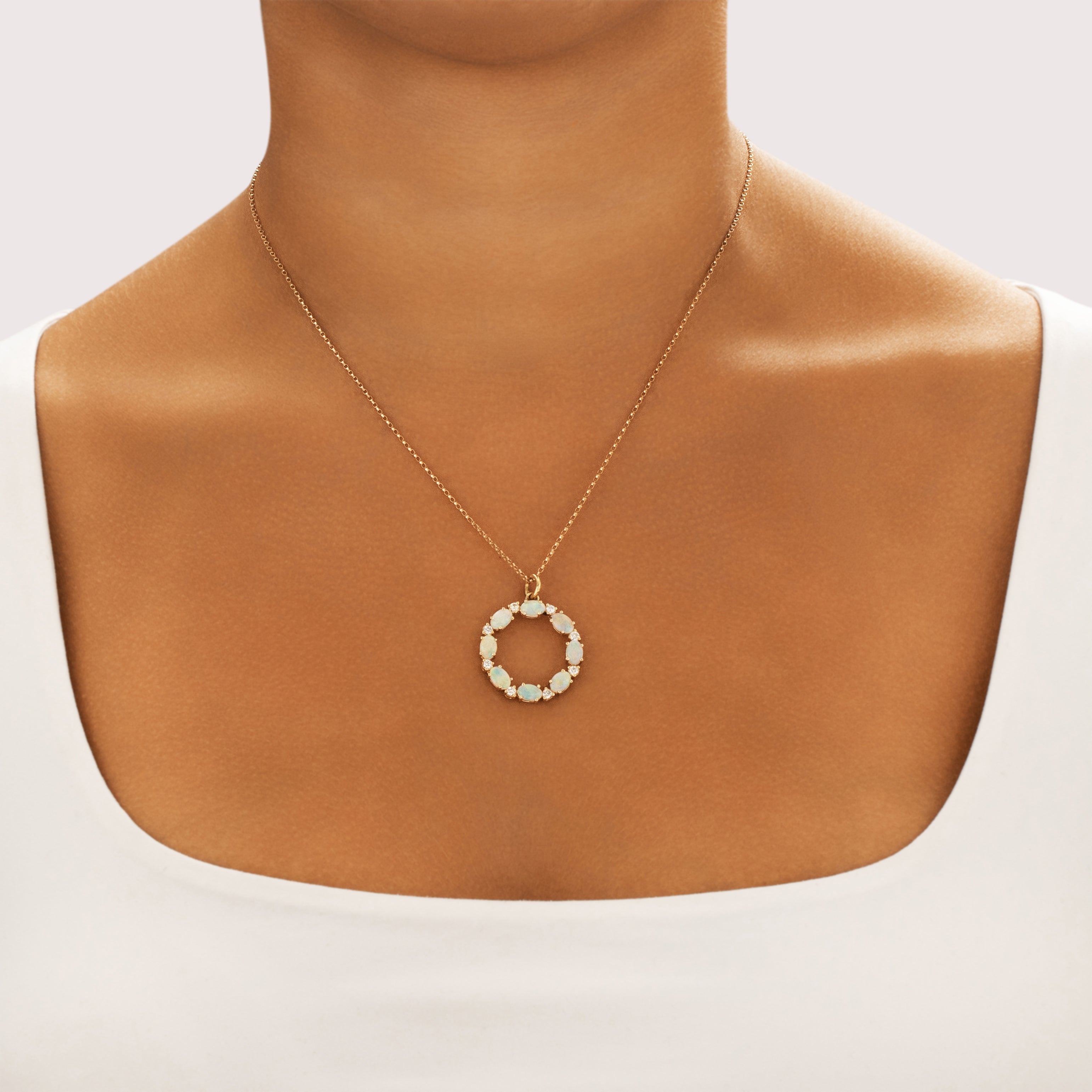 Vintage 14k Yellow Gold 1.61cttw Opal Diamond Iridescent Sparkling Halo Pendant - On model view