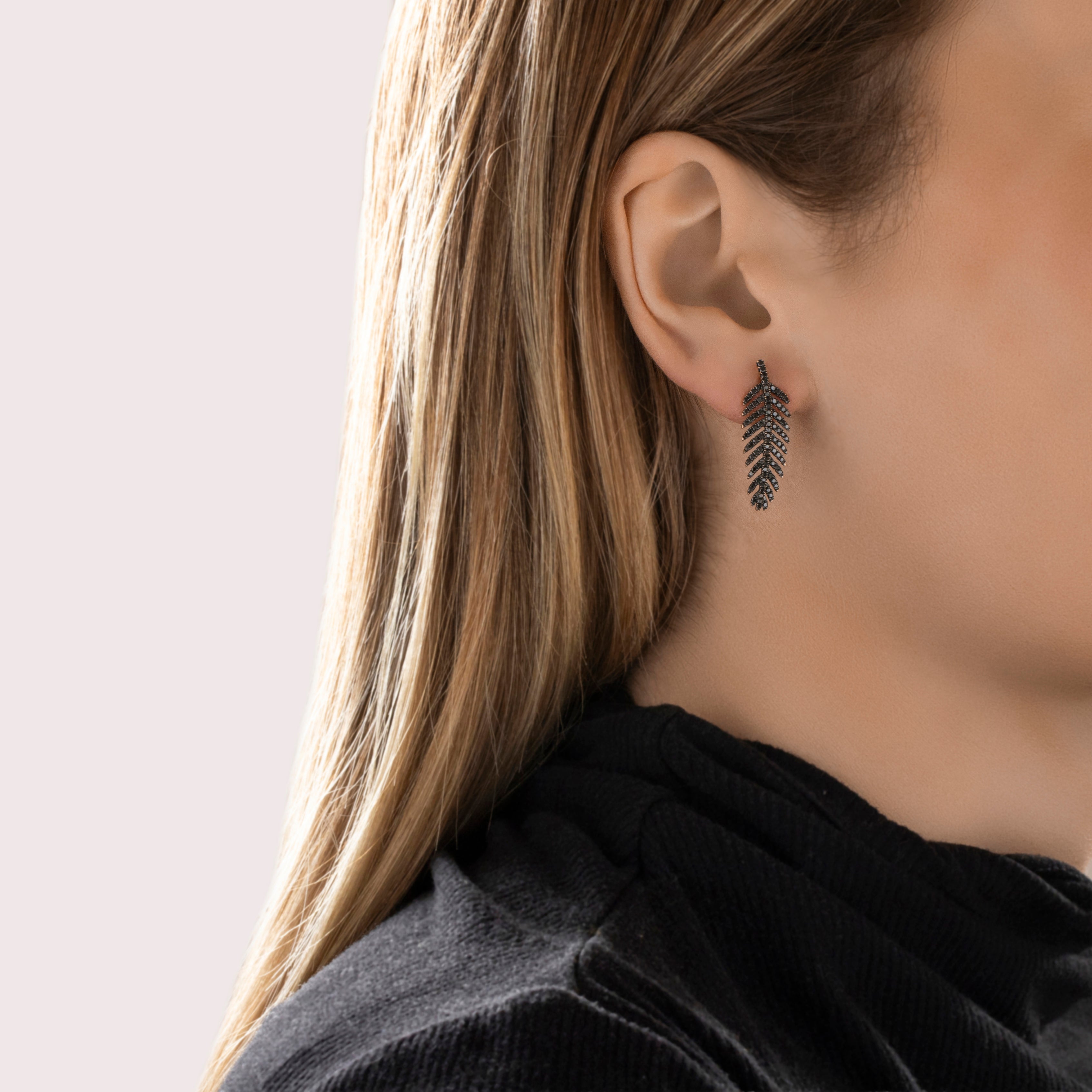 Estate 14k Rose Gold .64cttw Black Diamond Glittering Feather Black Rhodium Drop Earrings - On model view