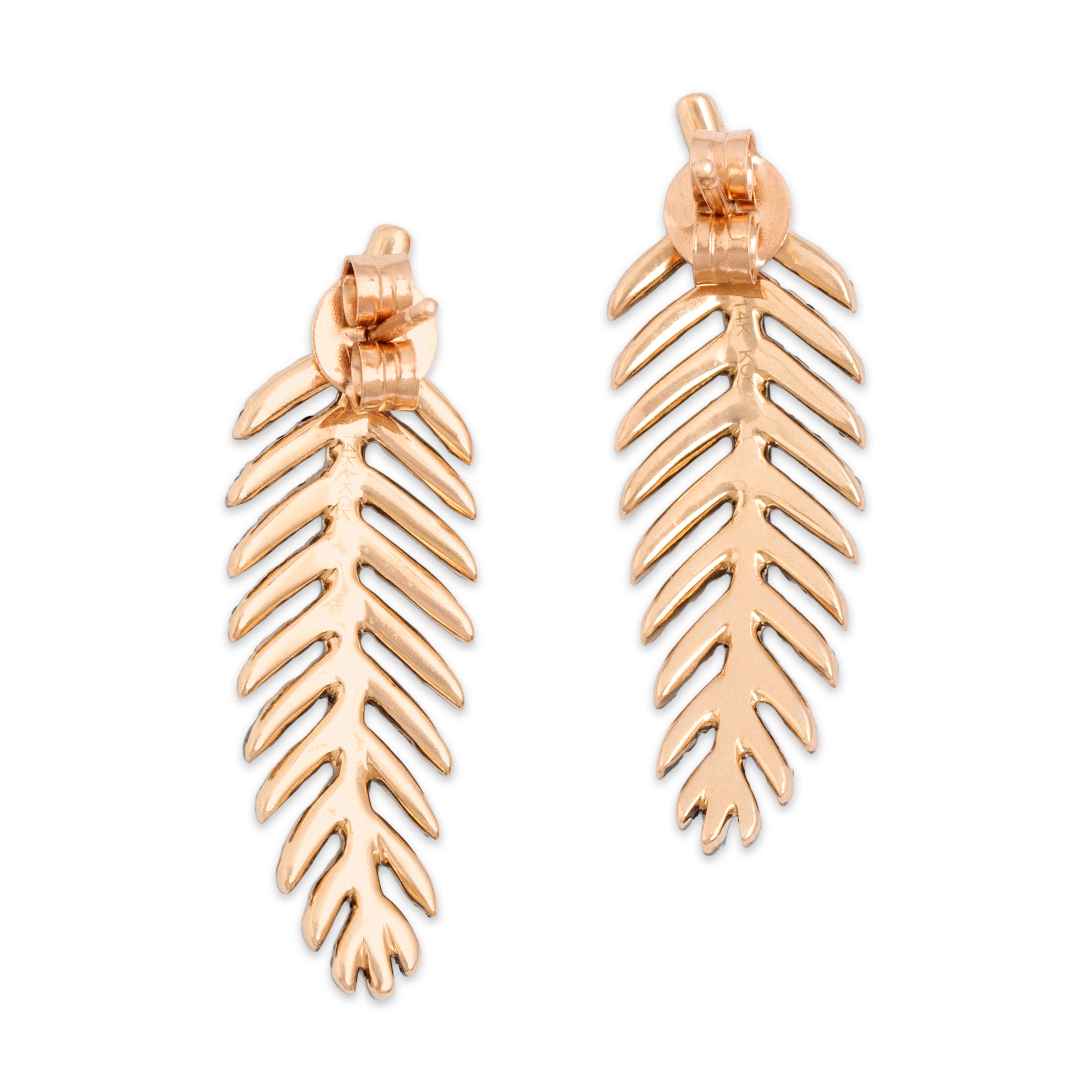 Estate 14k Rose Gold .64cttw Black Diamond Glittering Feather Black Rhodium Drop Earrings - Back view