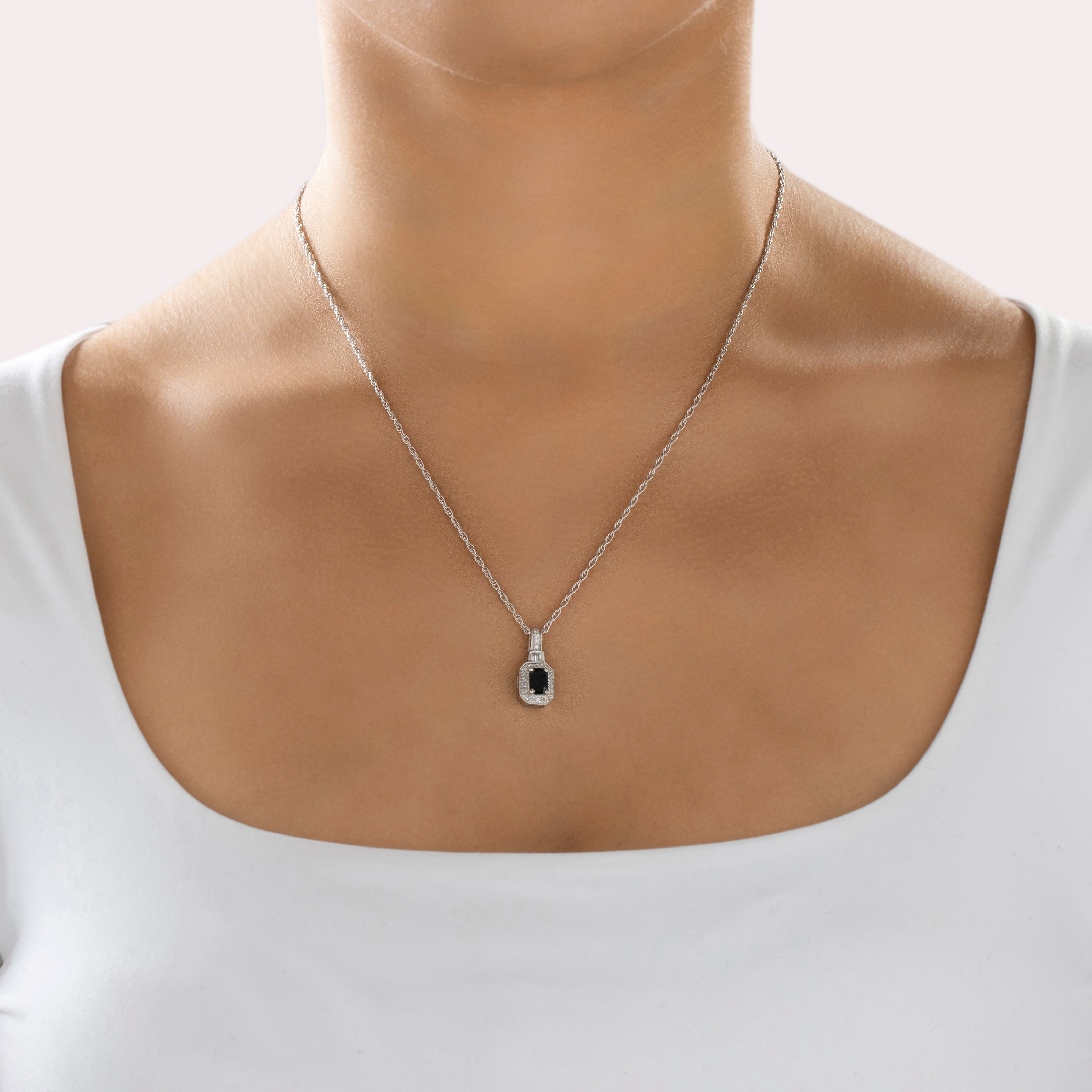 Vintage 14k White Gold .85ct Blue Sapphire Diamond Elegant Dazzling Emerald Halo Pendant - On model view