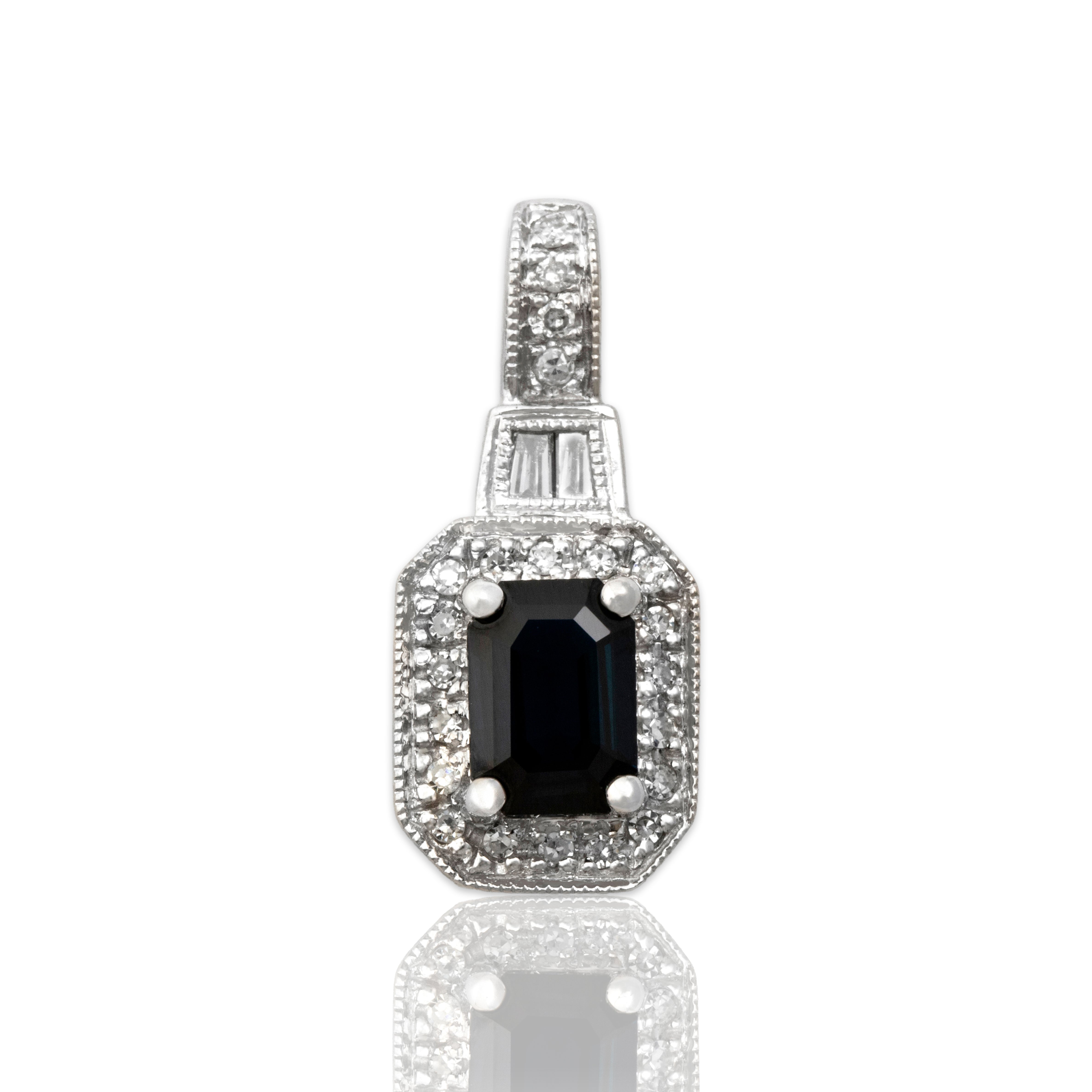 Vintage 14k White Gold .85ct Blue Sapphire Diamond Elegant Dazzling Emerald Halo Pendant - Close-up view