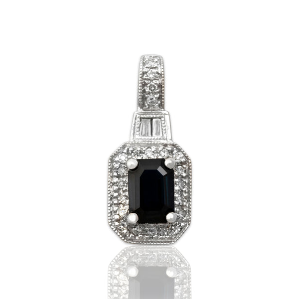 Vintage 14k White Gold .85ct Dark Blue Sapphire Diamond Elegant Halo Pendant