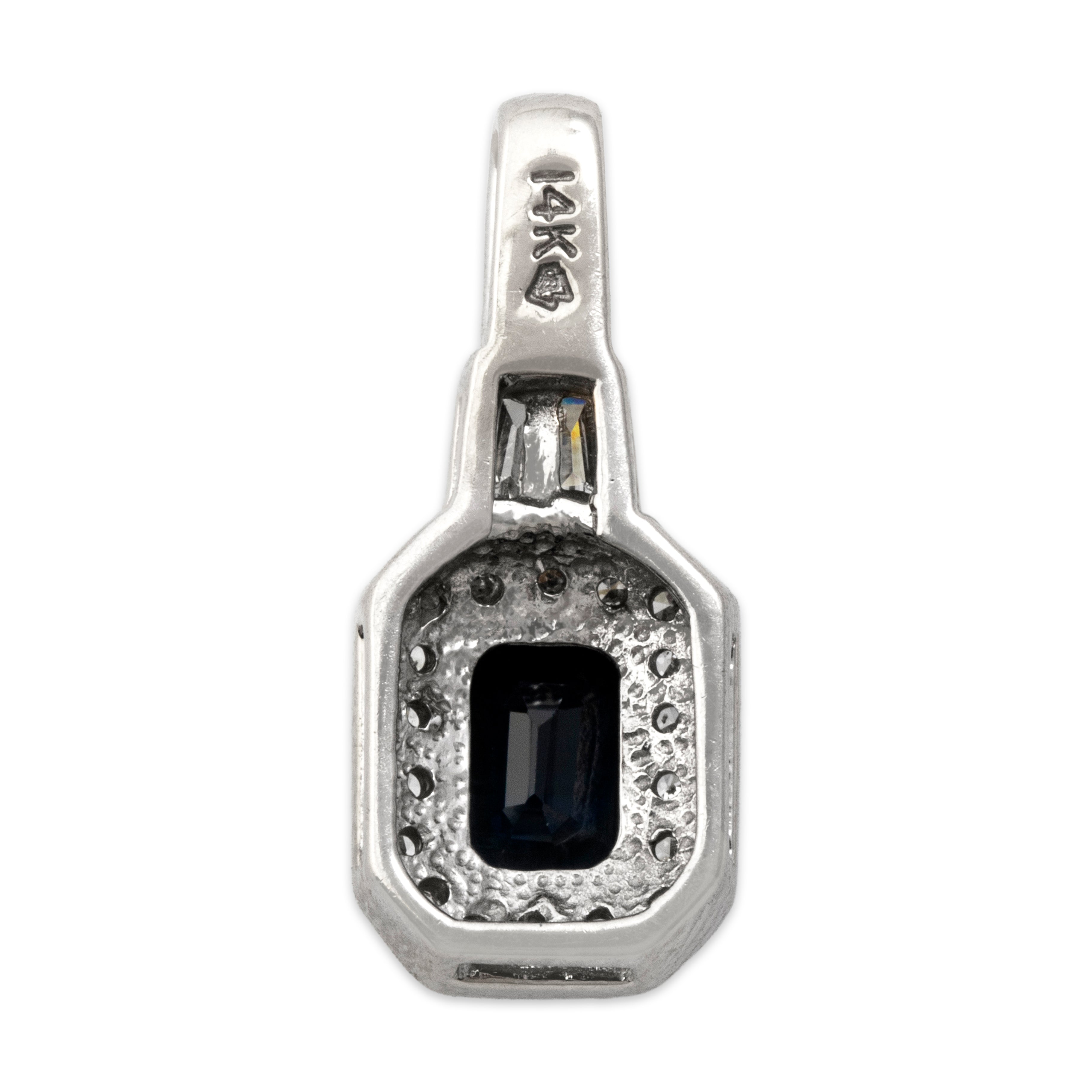 Vintage 14k White Gold .85ct Blue Sapphire Diamond Elegant Dazzling Emerald Halo Pendant - Back view