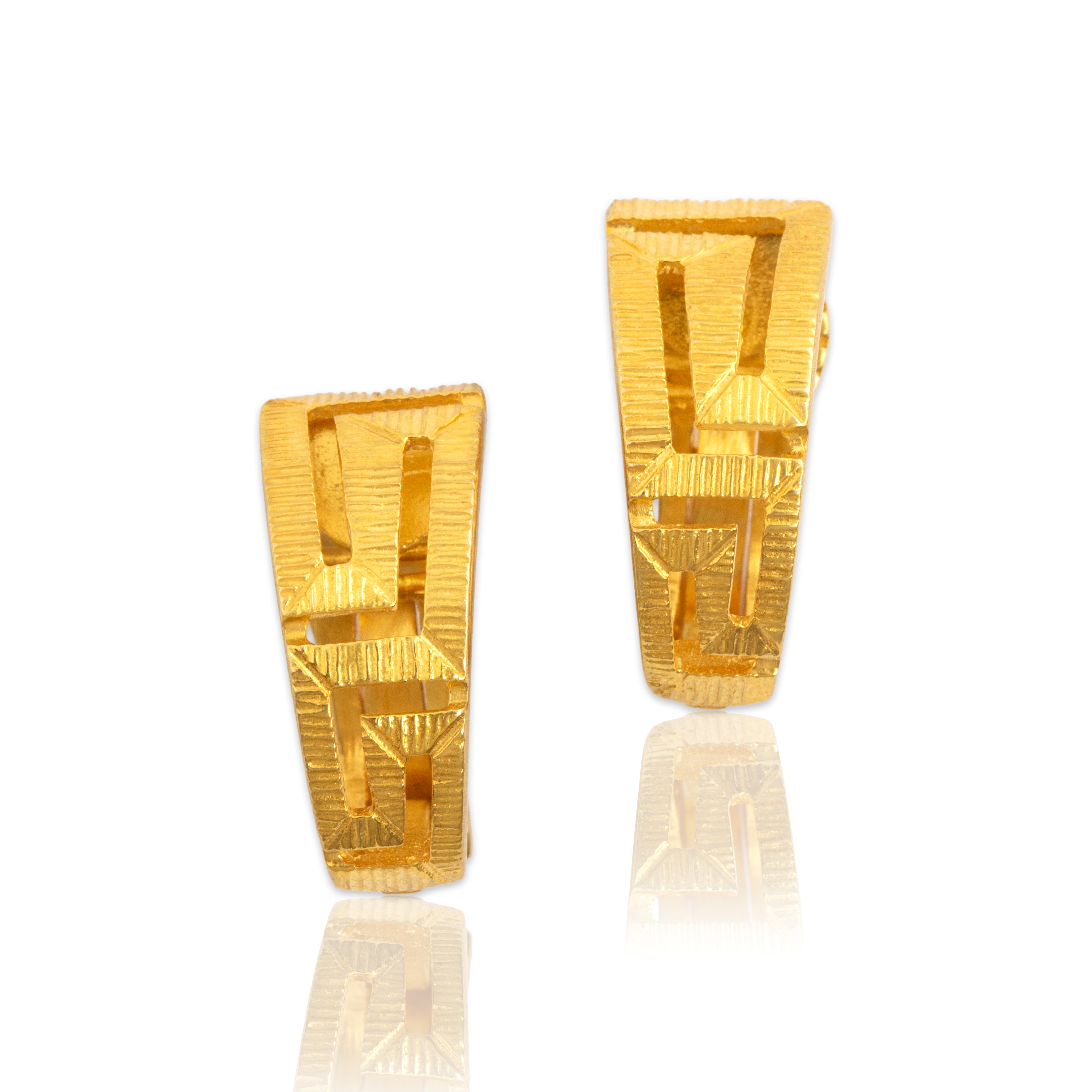 Vintage 18k Yellow Gold Chic Architectural Textured Omega Back Earrings - Close-up view