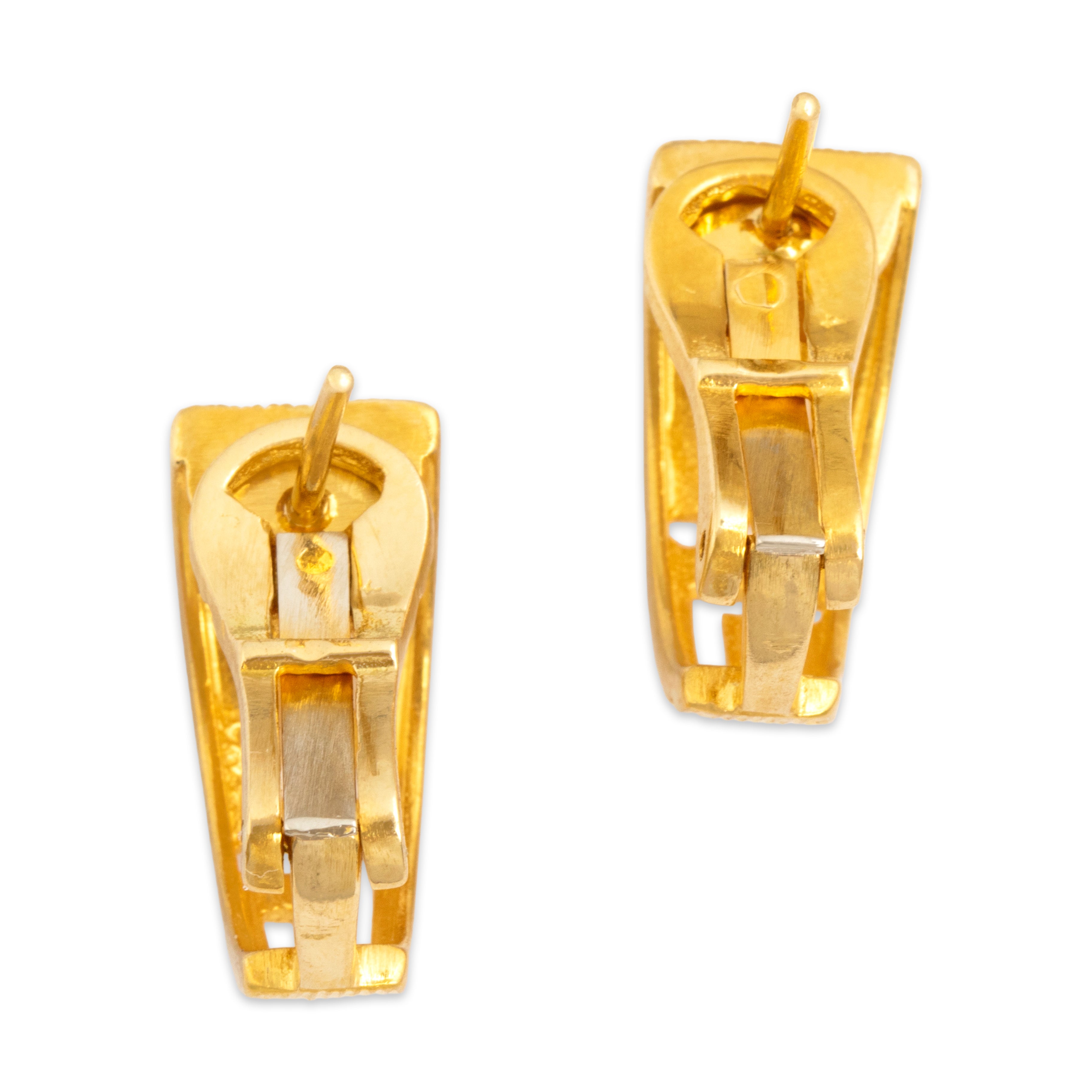 Vintage 18k Yellow Gold Chic Architectural Textured Omega Back Earrings - Back view