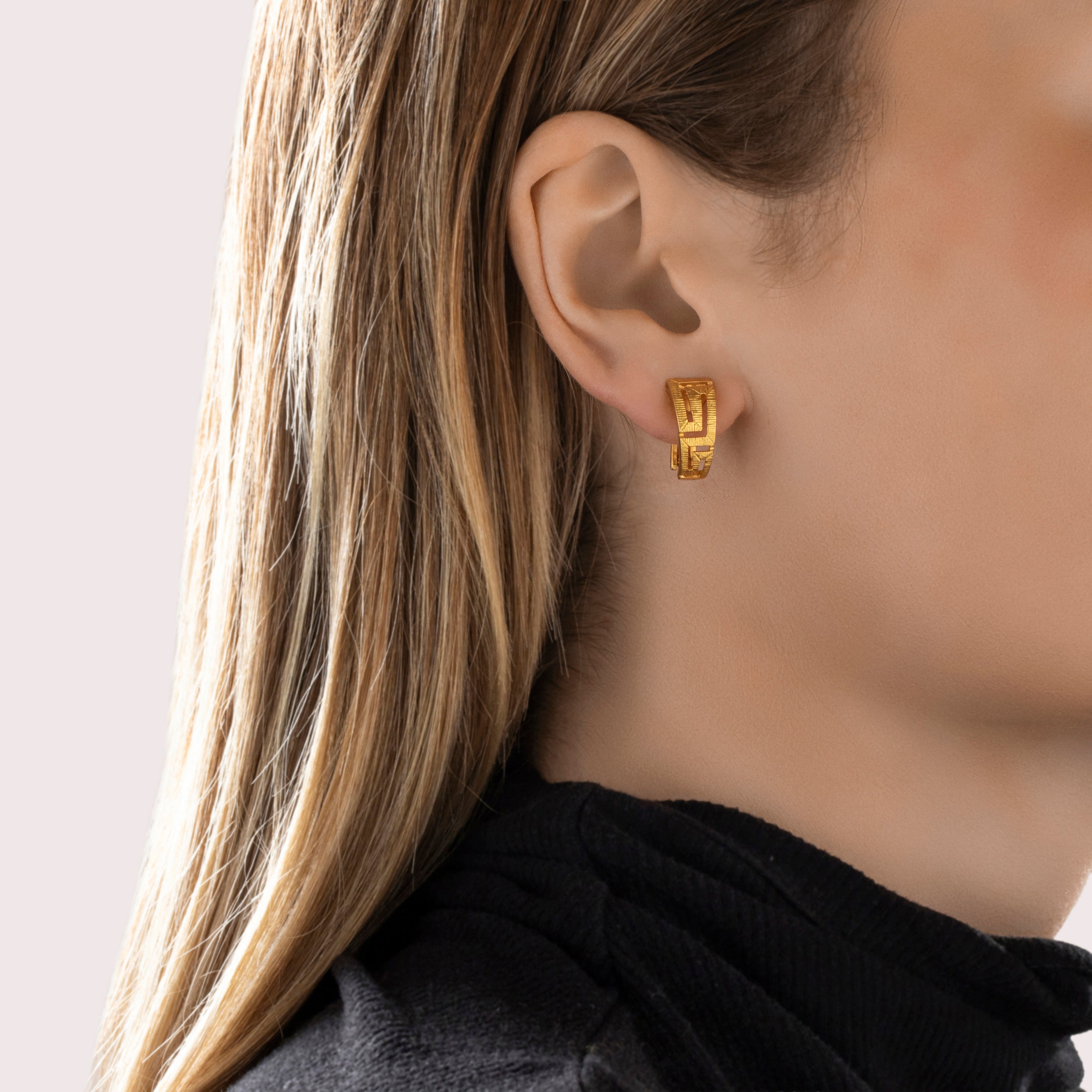 Vintage 18k Yellow Gold Chic Architectural Textured Omega Back Earrings - On model view