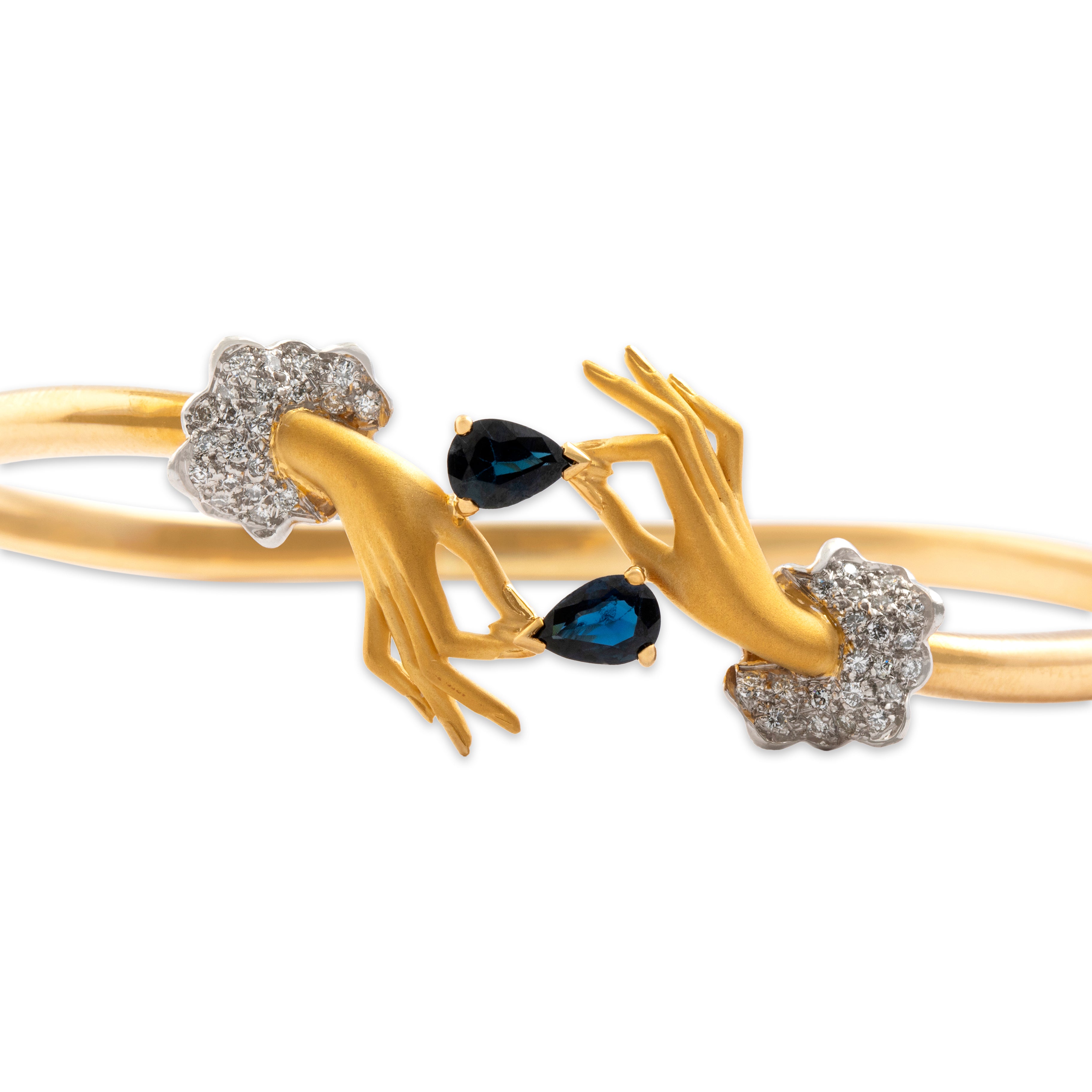 Vintage 18k Yellow & White Gold .8cttw Blue Sapphire Diamond Superb Grasping Hands Bangle Bracelet - detail view #1