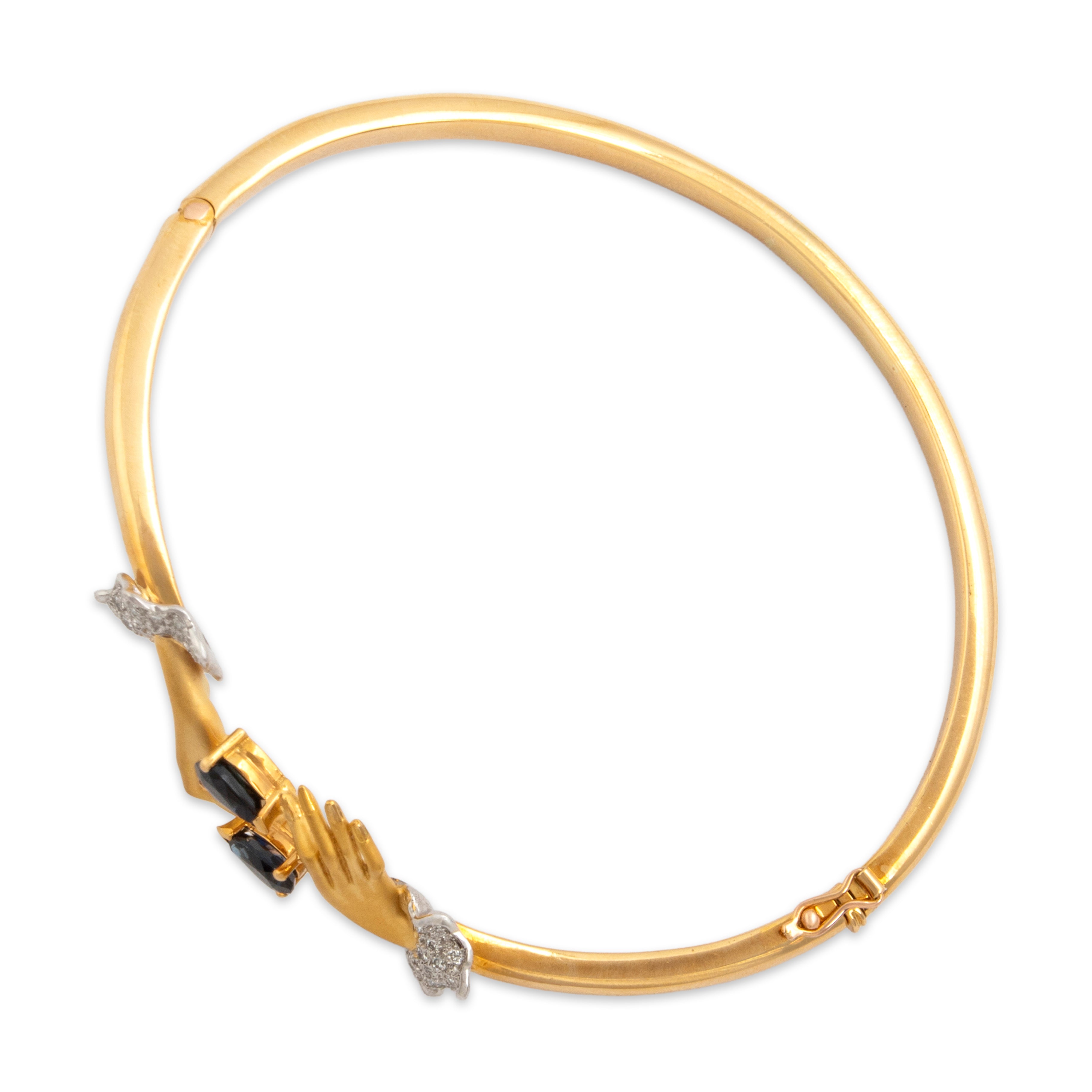 Vintage 18k Yellow & White Gold .8cttw Blue Sapphire Diamond Superb Grasping Hands Bangle Bracelet - detail view #2