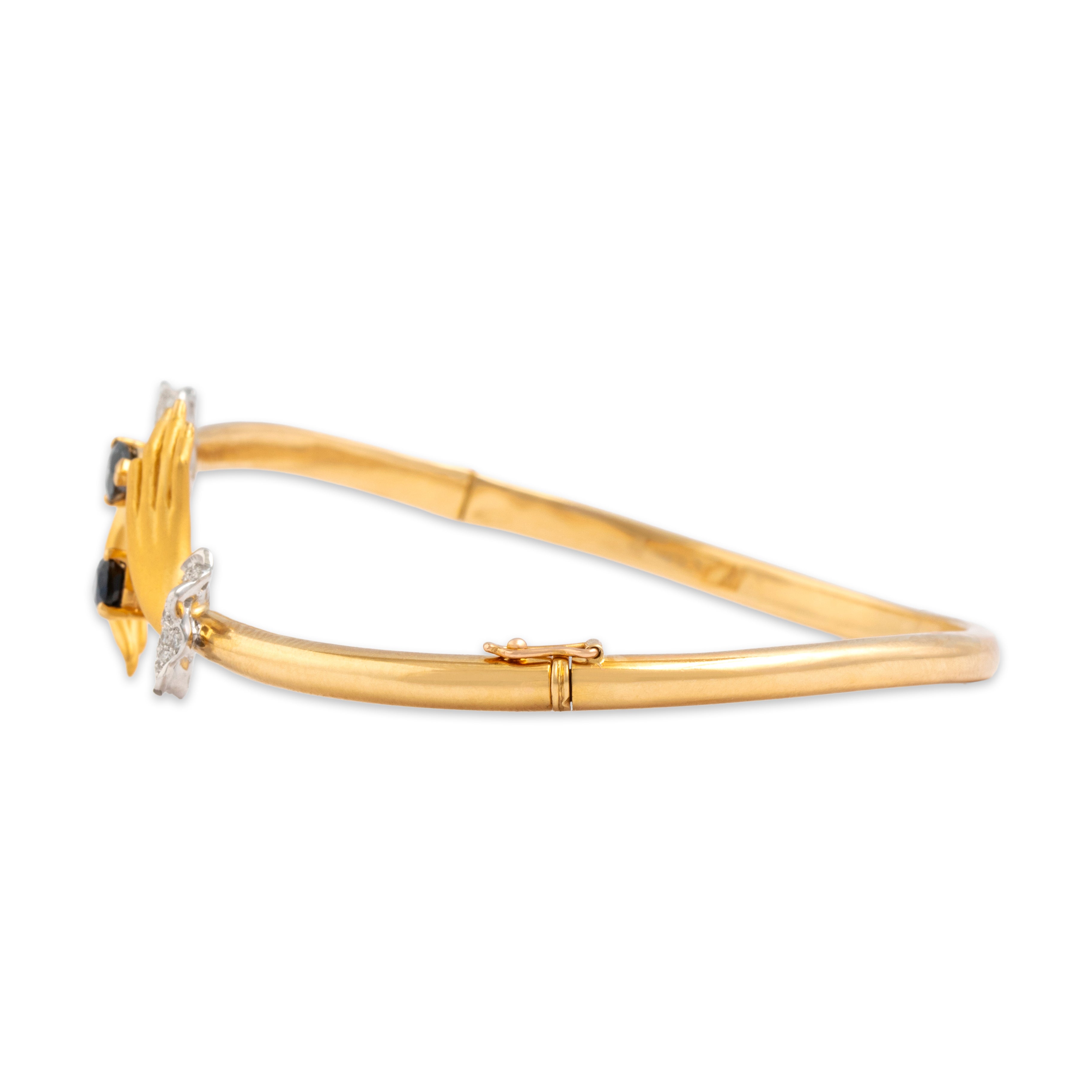 Vintage 18k Yellow & White Gold .8cttw Blue Sapphire Diamond Superb Grasping Hands Bangle Bracelet - Side view