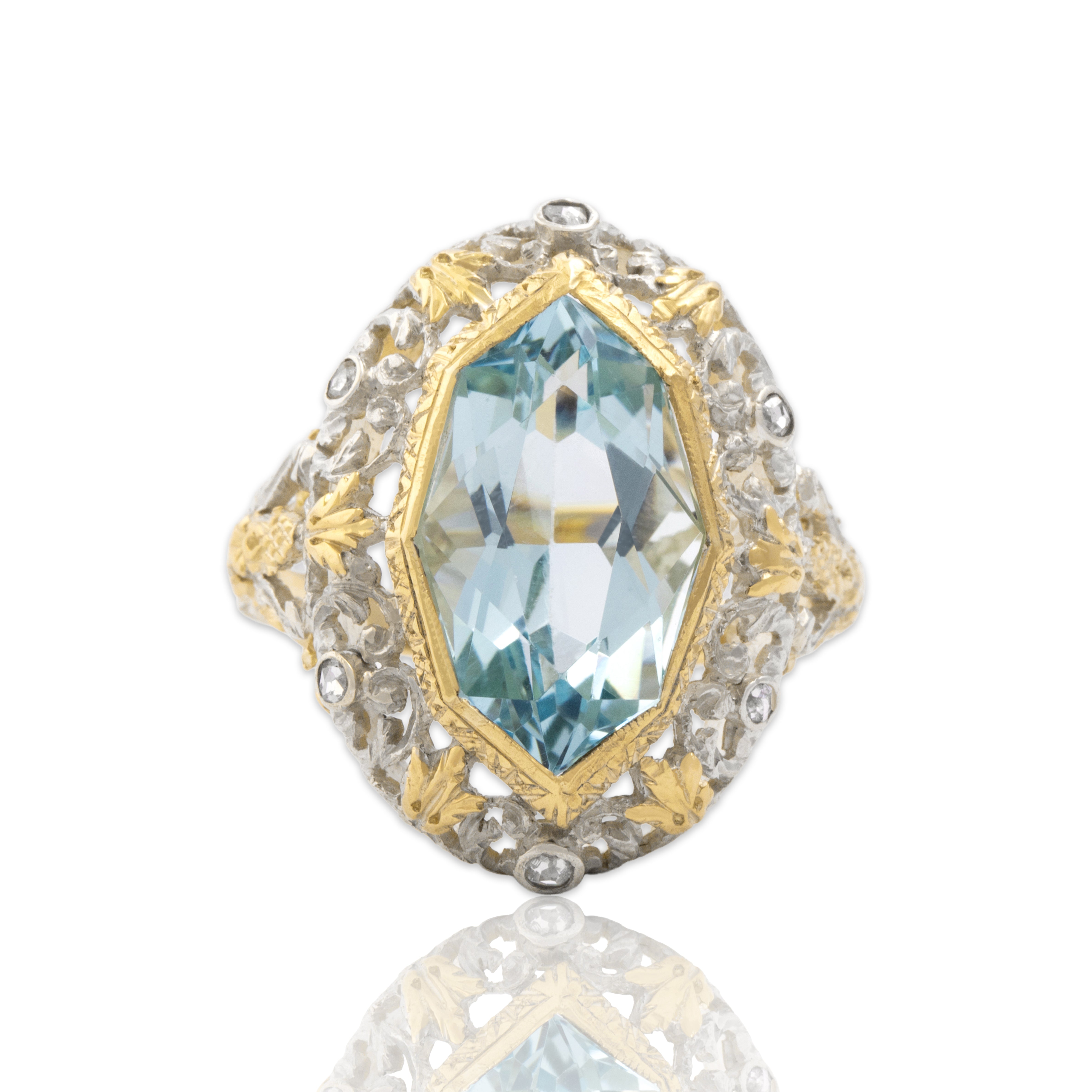 Antique Large 18k Yellow Gold & Silver 5.74ct Aquamarine Diamond Ornate Ring 7.5