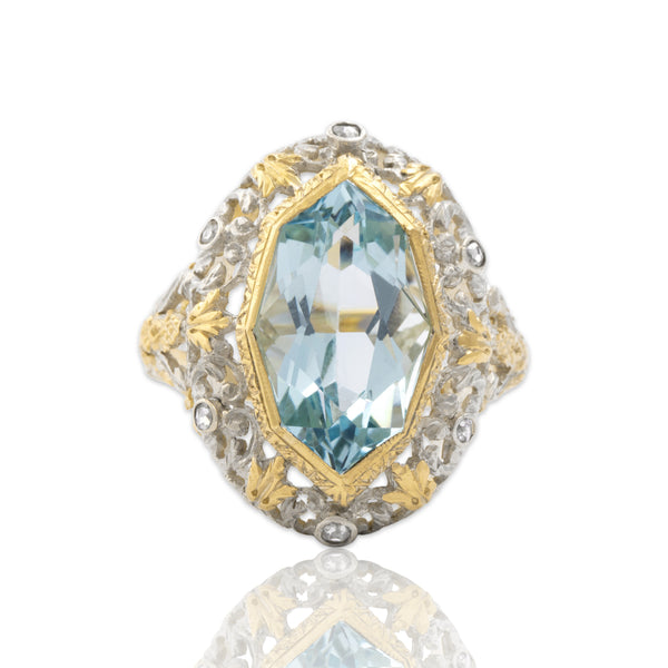 Antique Large 18k Yellow Gold & Silver 5.74ct Aquamarine Diamond Ornate Ring 7.5