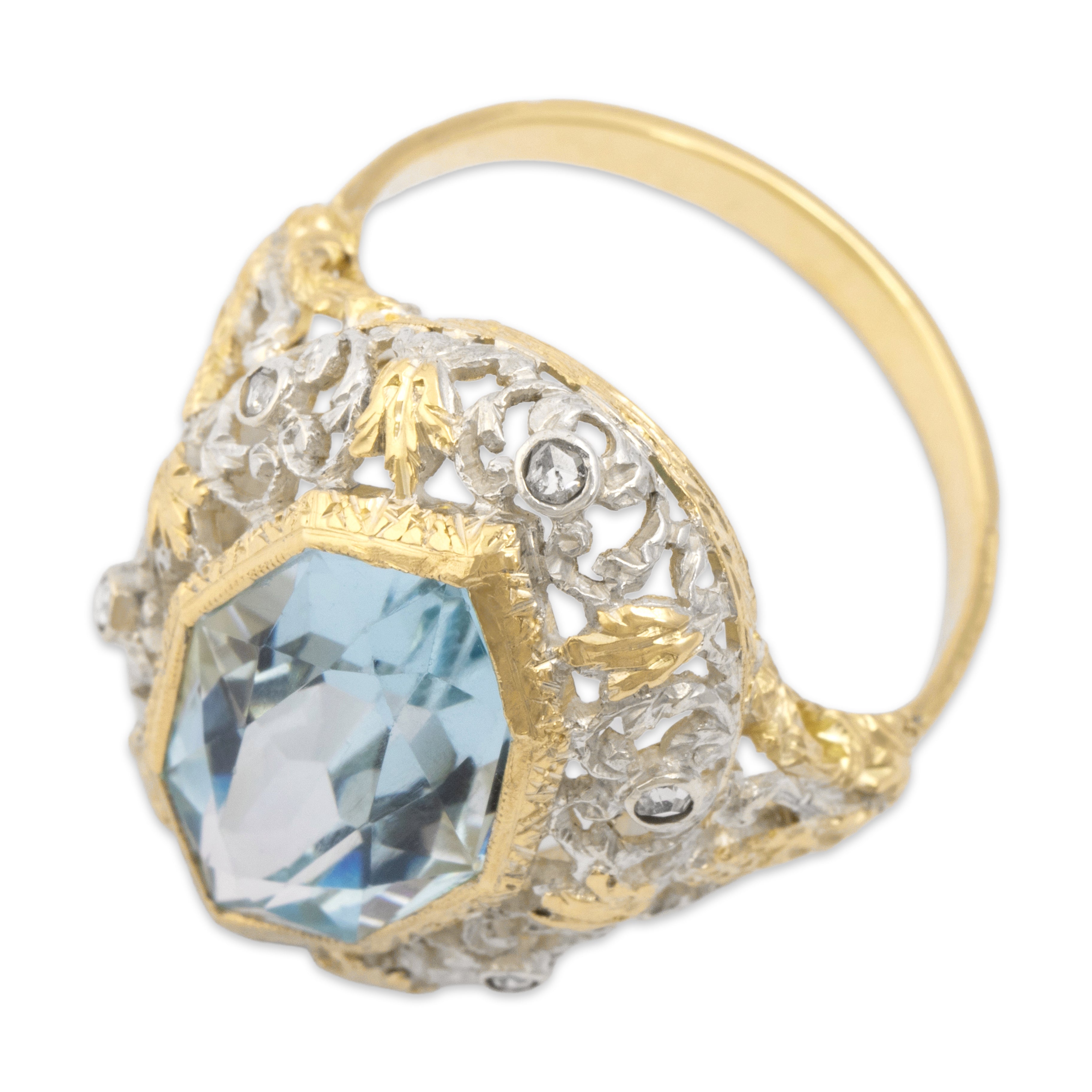 Antique Large 18k Yellow Gold & Silver 5.74ct Aquamarine Diamond Ornate Ring 7.5