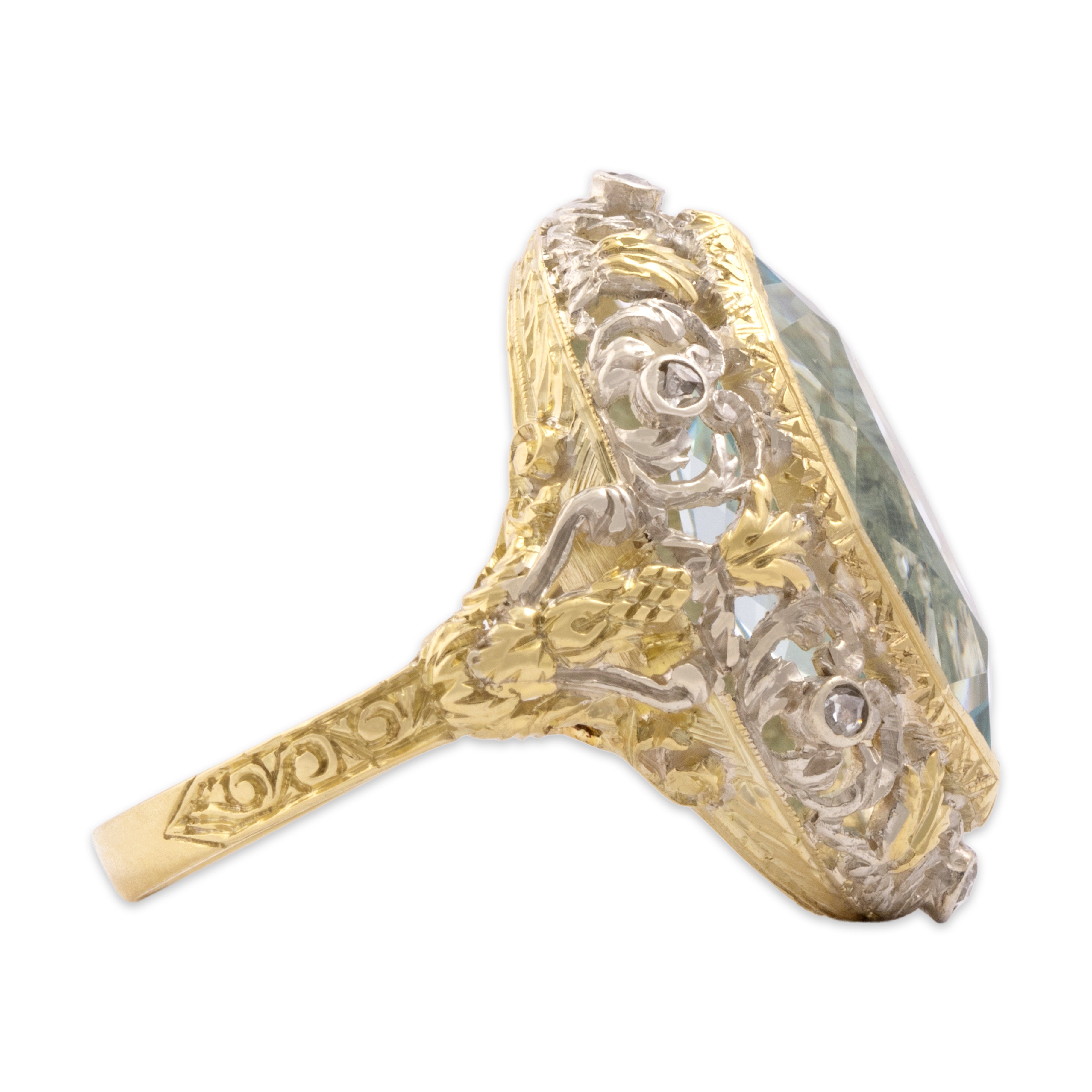 Antique Large 18k Yellow Gold & Sterling Silver 5.74ct Aquamarine Rose Cut Diamond Incredible Ornate Setting Cocktail Ring - Side view