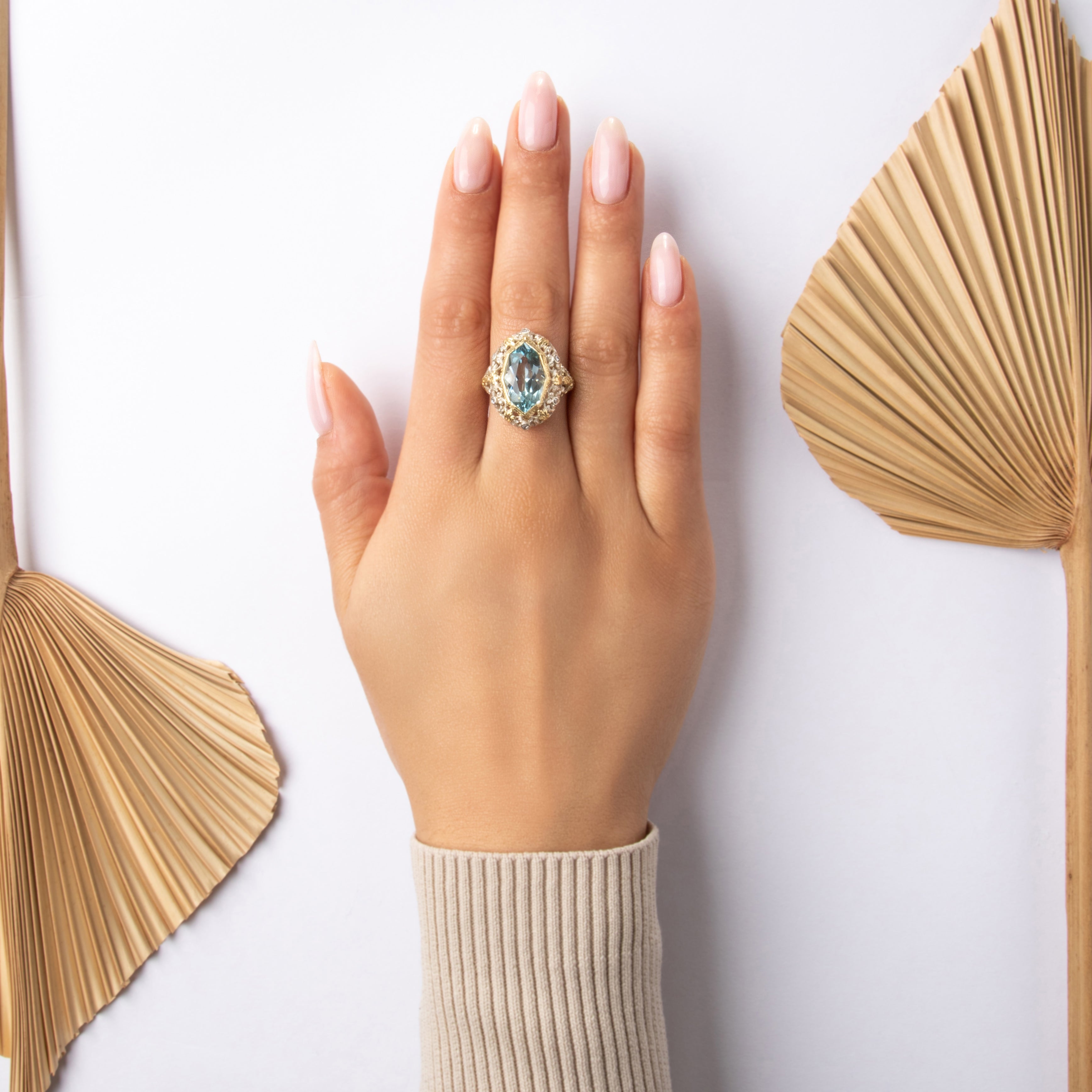 Antique Large 18k Yellow Gold & Sterling Silver 5.74ct Aquamarine Rose Cut Diamond Incredible Ornate Setting Cocktail Ring - On model view