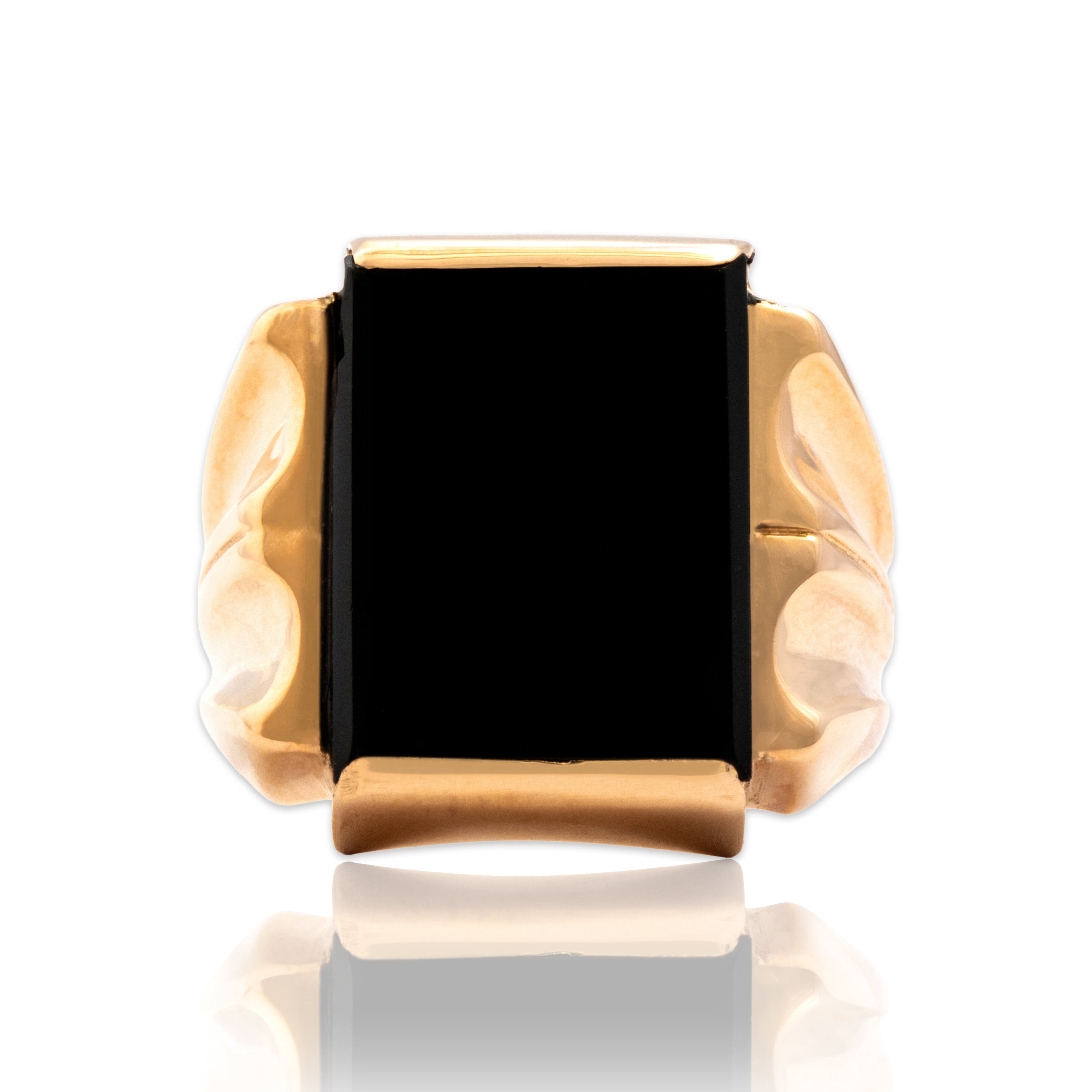 Vintage 14k Rosy Yellow Gold 2.11ct Onyx Bold Fluted Geometric Signet Ring - Close-up view