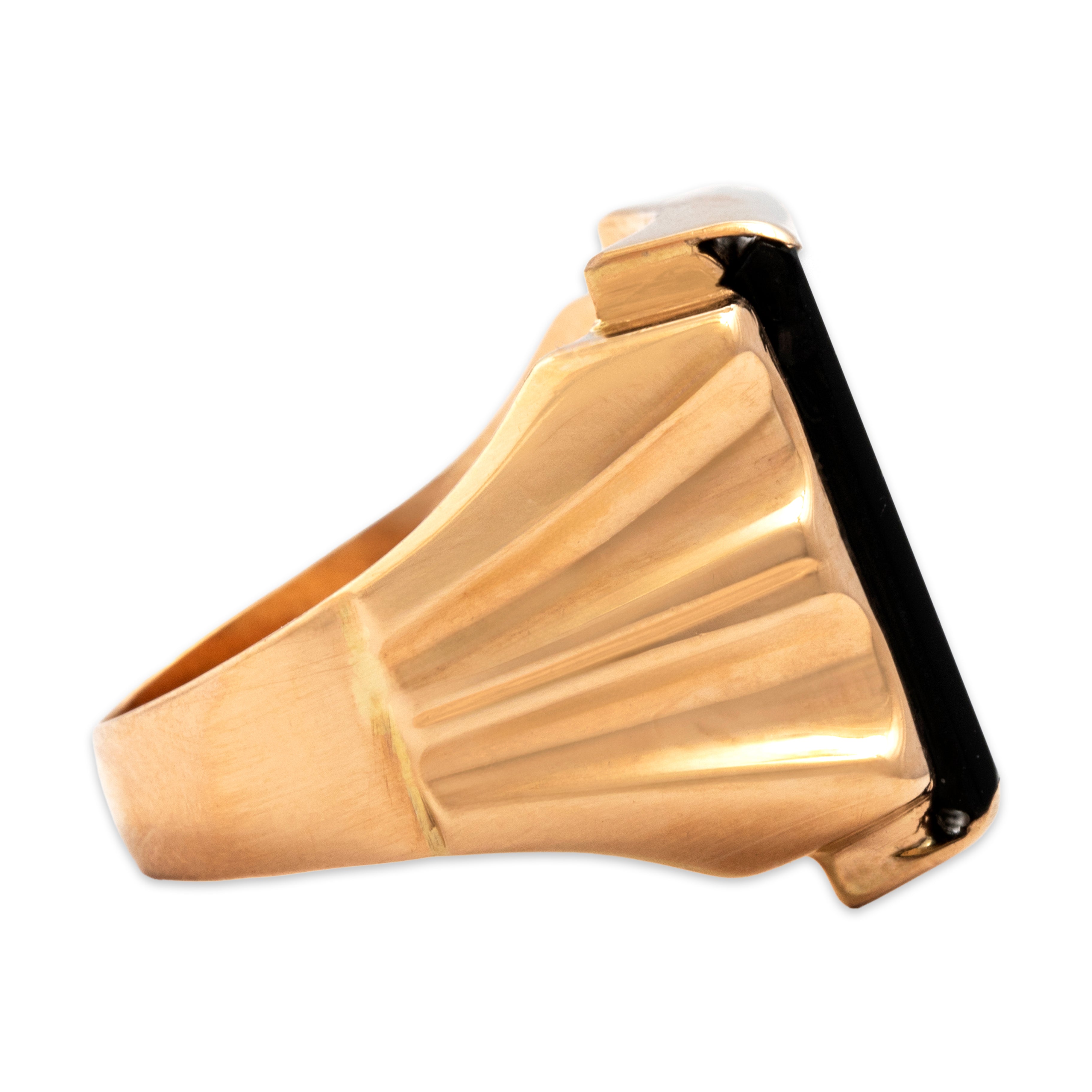 Vintage 14k Rosy Yellow Gold 2.11ct Onyx Bold Fluted Geometric Signet Ring - Side view