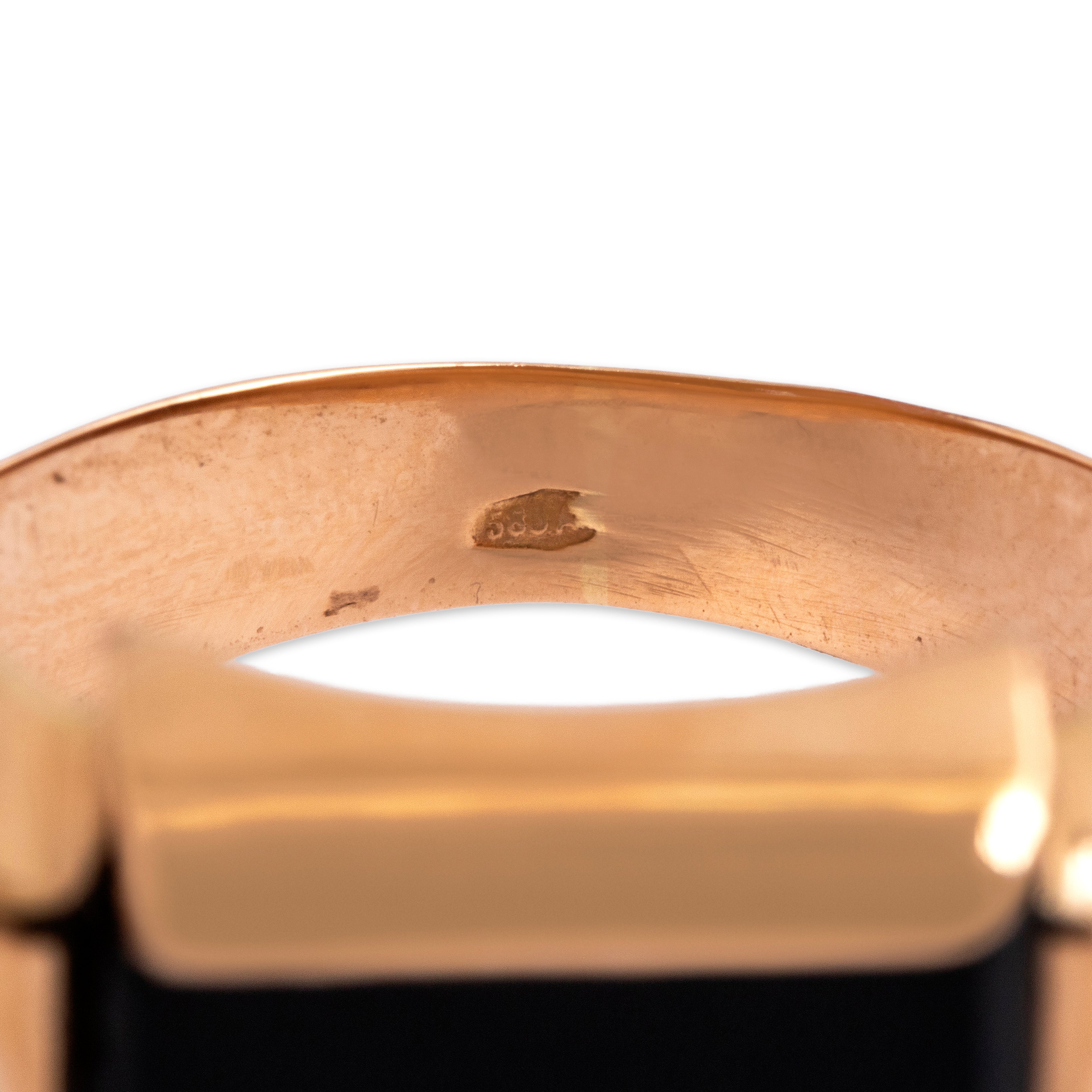 Vintage 14k Rosy Yellow Gold 2.11ct Onyx Bold Fluted Geometric Signet Ring - Hallmark view