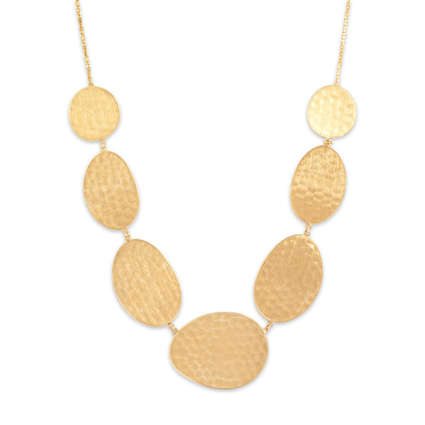 Vintage Italian 14k Yellow Gold Gleaming Brushed Hammered Disc Necklace 18