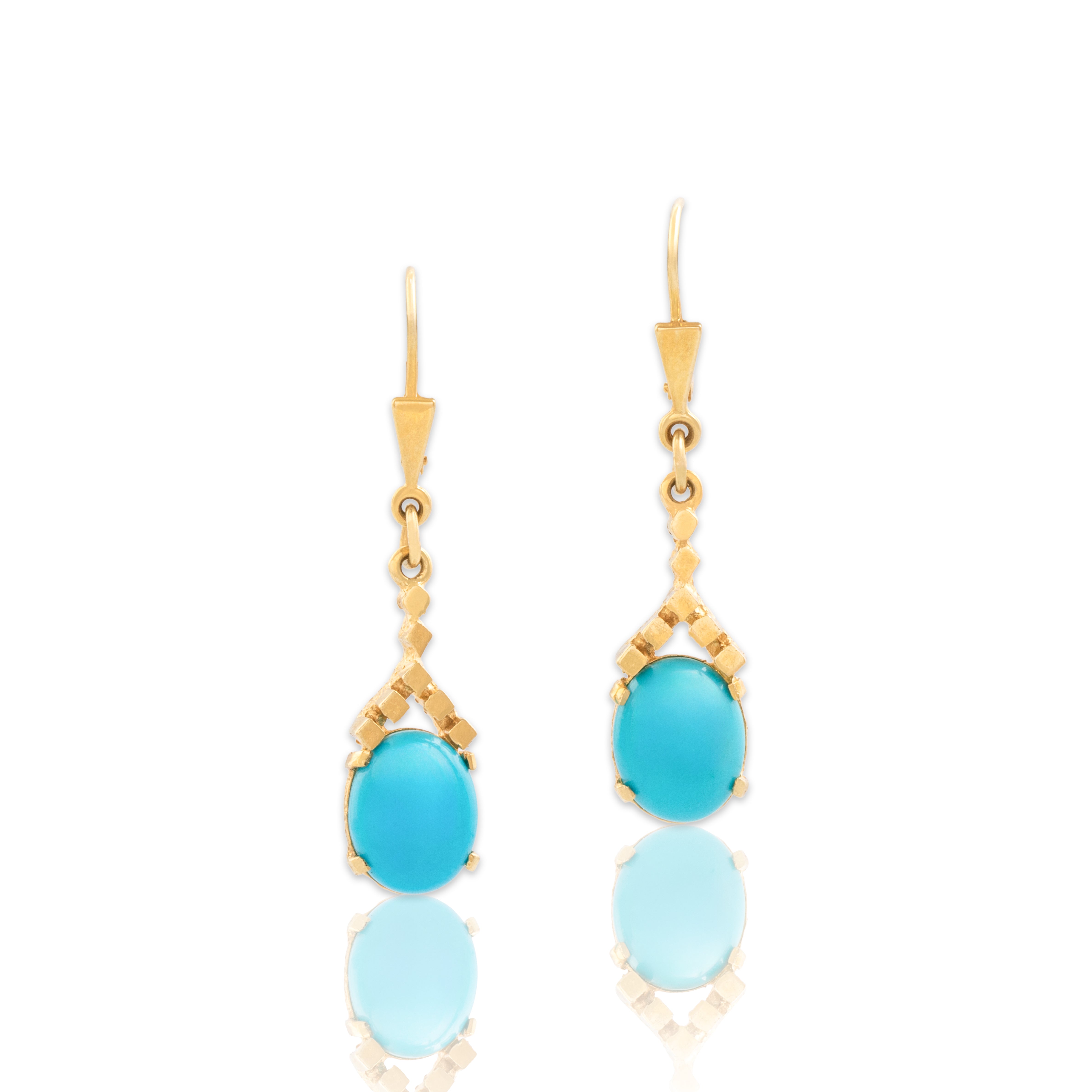 Vintage 14k Yellow Gold 3.87cttw Robin's Egg Blue Turquoise Brutalist Cubed Accent Dangle Earrings - Close-up view