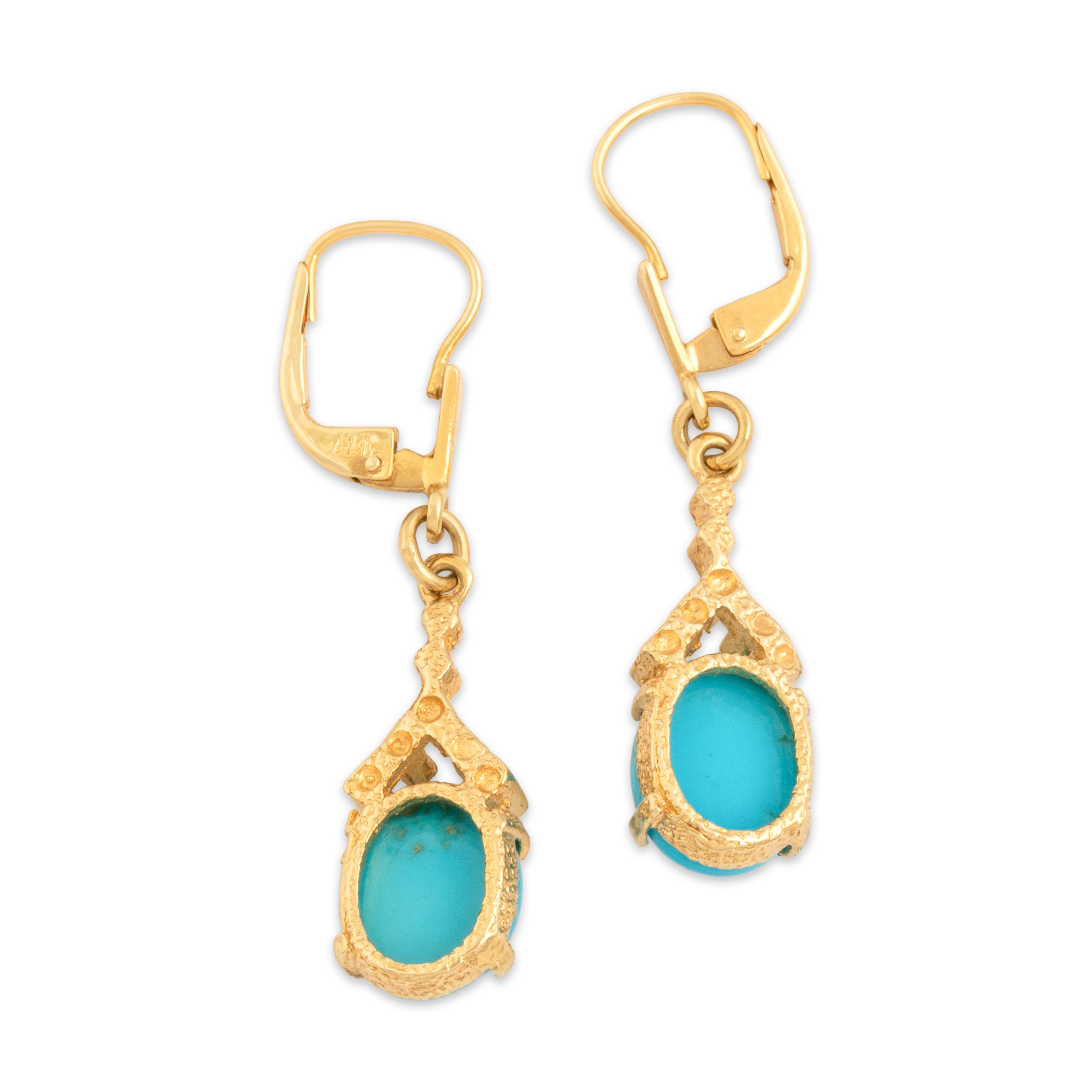 Vintage 14k Yellow Gold 3.87cttw Robin's Egg Blue Turquoise Brutalist Cubed Accent Dangle Earrings - Back view