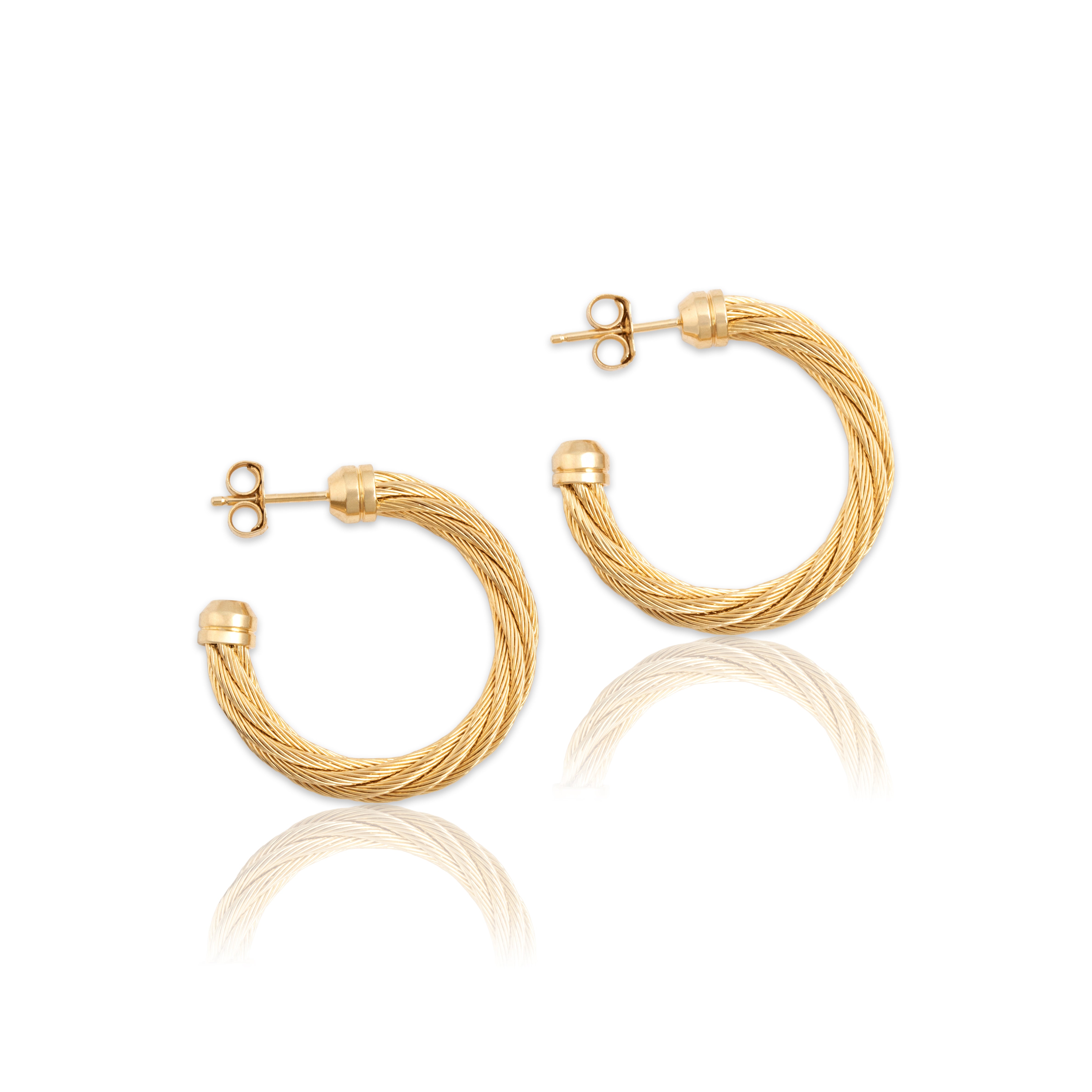 Vintage 14k Yellow Gold Classic Cabled Wire Stud Hoop Earrings - Close-up view