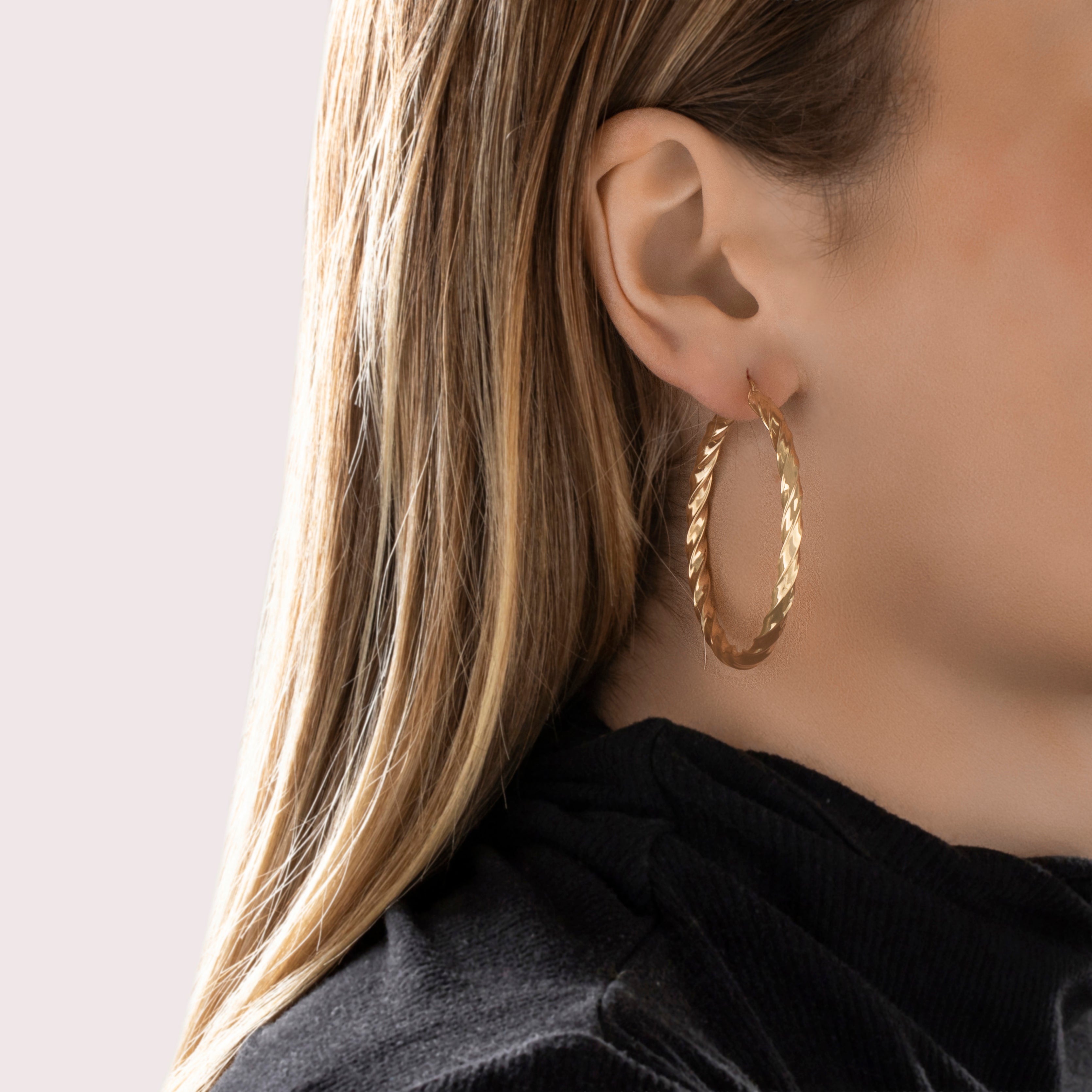 Vintage Large 14k Yellow Gold Twisted Hoop Earrings - On model view
