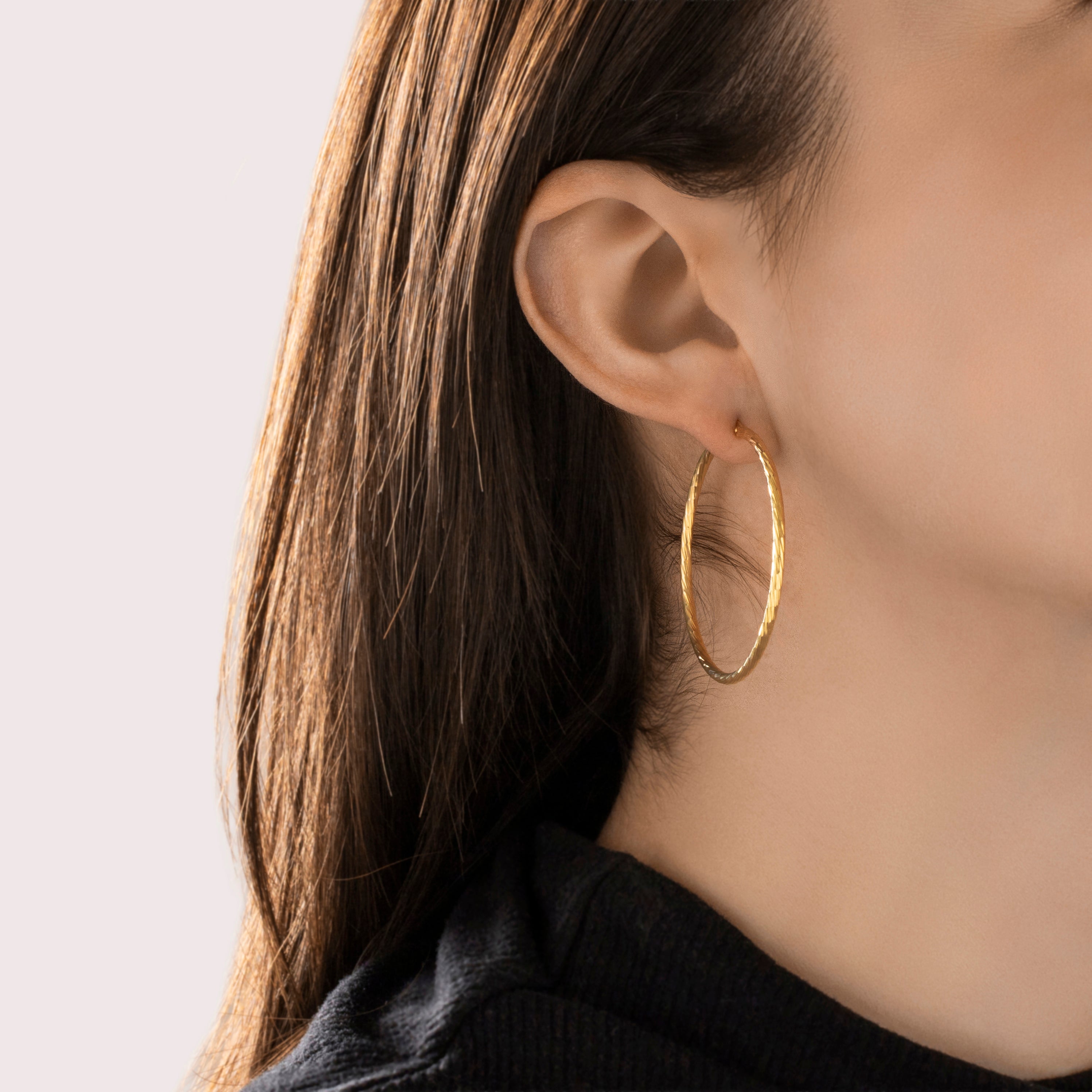 Vintage 14k Yellow Gold Etched Textured Hoop Earrings - On model view