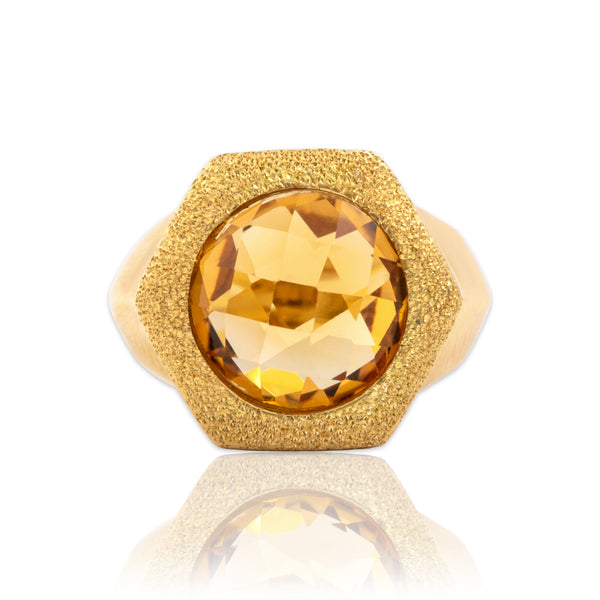 Vintage Italian Heavy 18k Yellow Gold 4.76ct Citrine Sculptural Hexagon Ring 6.25