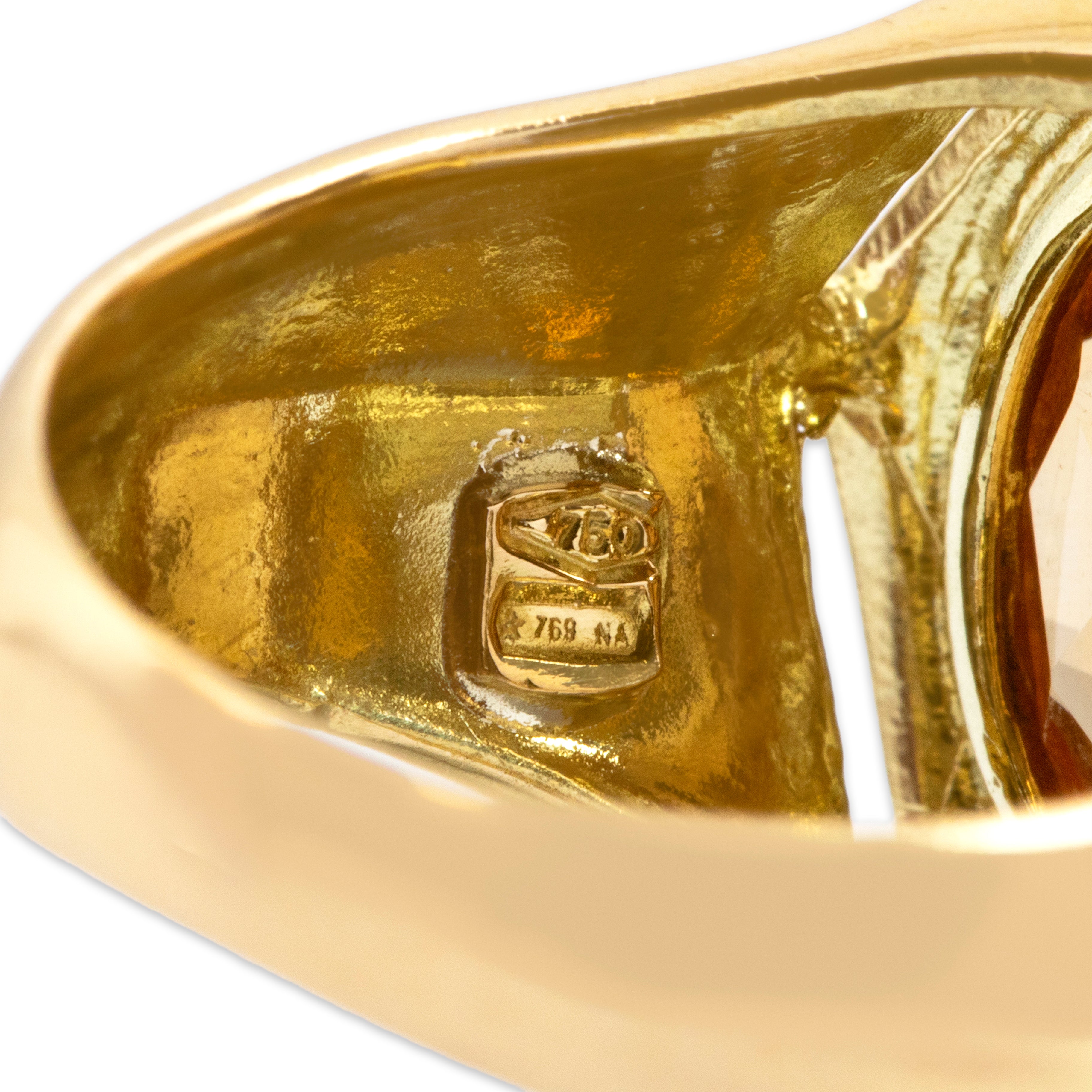 Vintage Heavy Italian 18k Yellow Gold 4.76ct Citrine Sculptural Hexagon Ring - Hallmark view