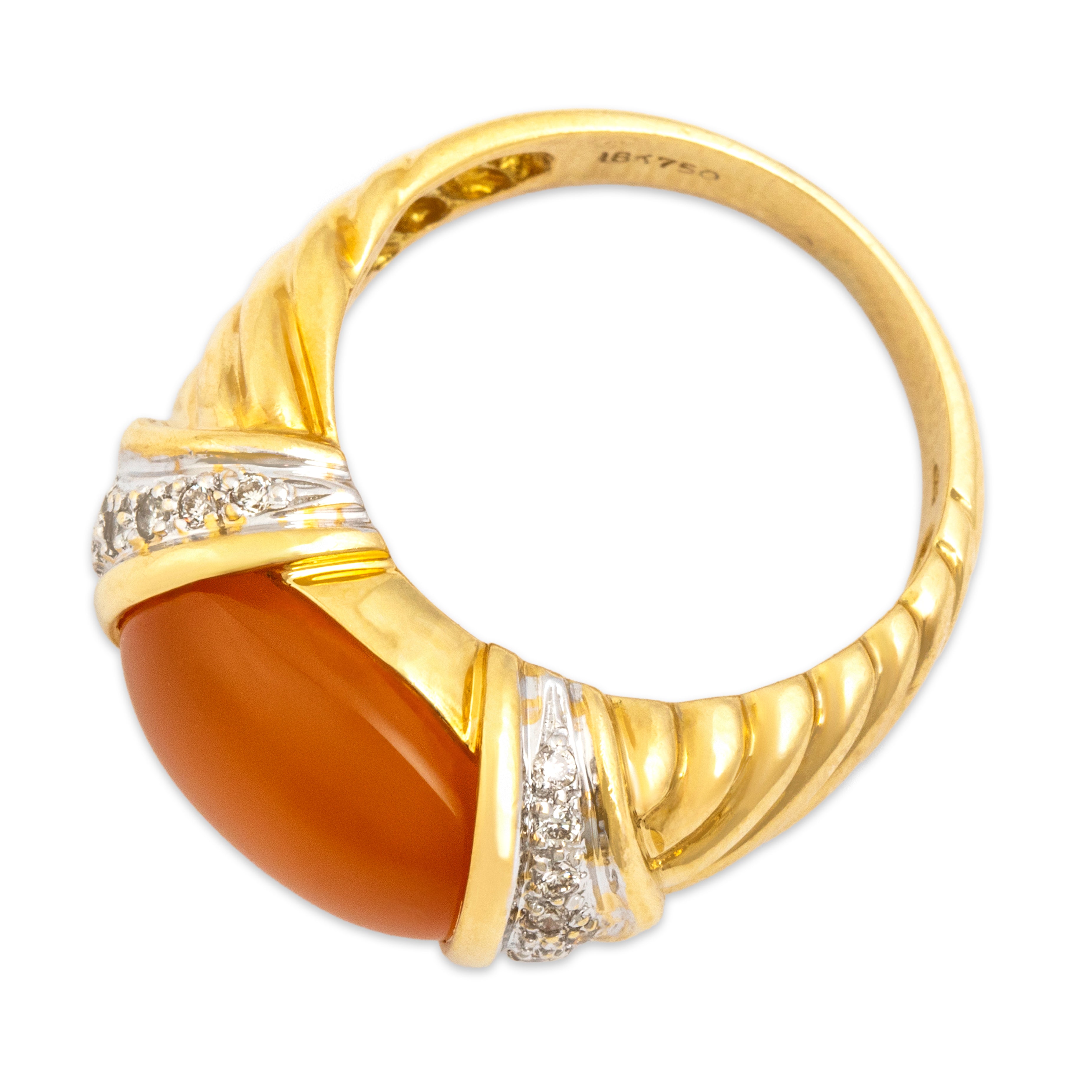 Vintage Heavy 18k Yellow Gold 5.71ct Orange Chalcedony Diamond Glowing East-West Cabochon Ring - Overall view