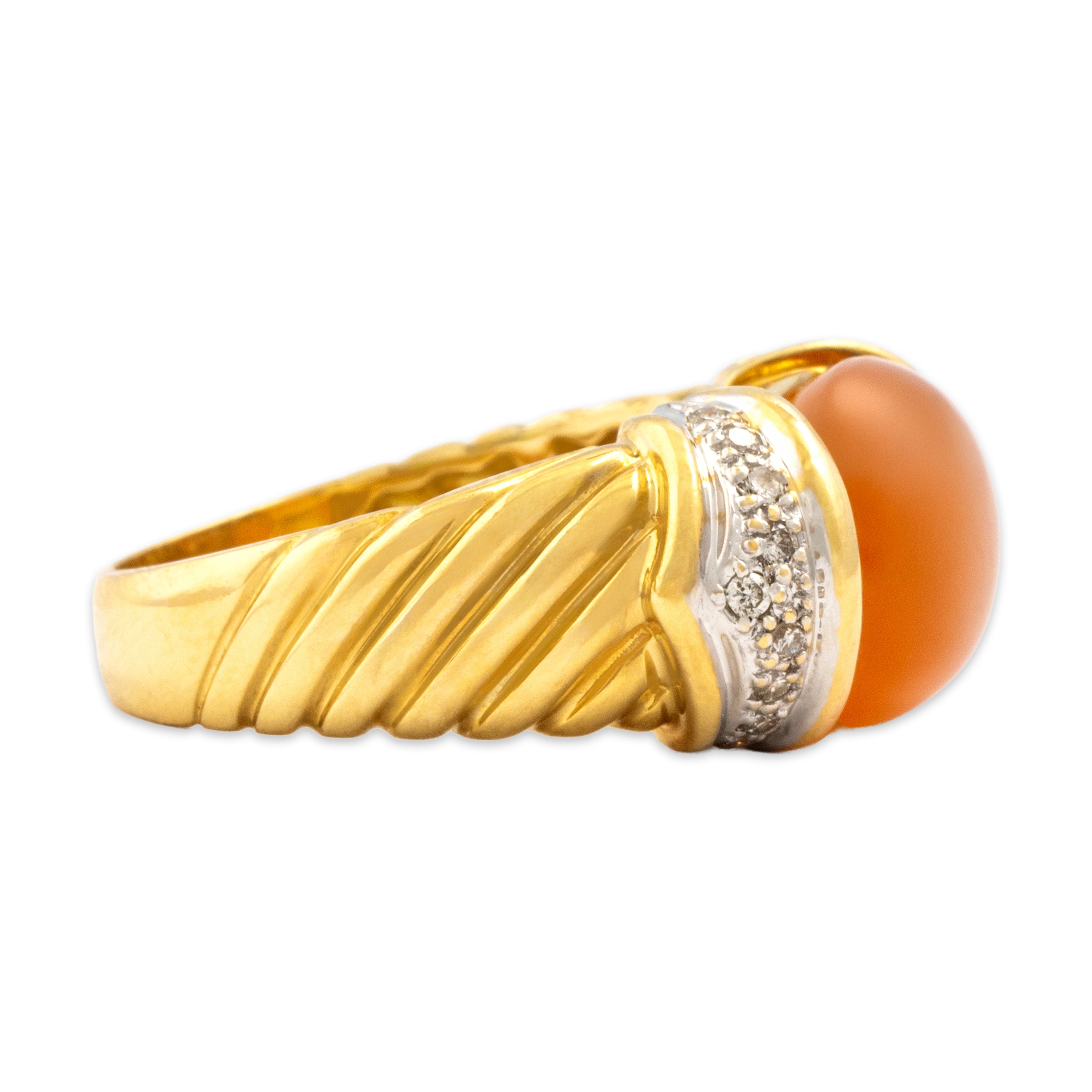 Vintage Heavy 18k Yellow Gold 5.71ct Orange Chalcedony Diamond Glowing East-West Cabochon Ring - Side view