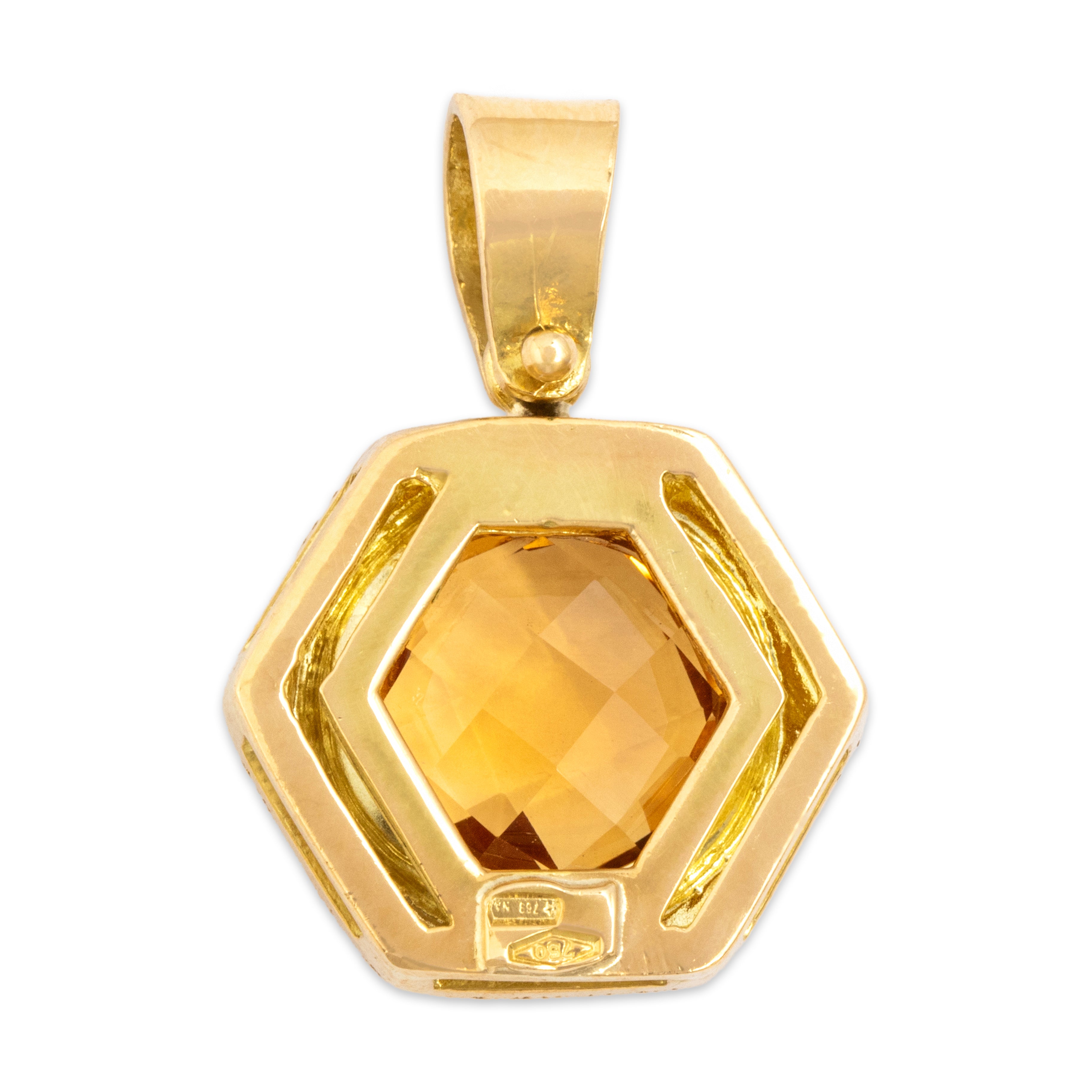 Vintage Italian 18k Yellow Gold 3.72ct Citrine Hexagon Halo Pendant - Back view