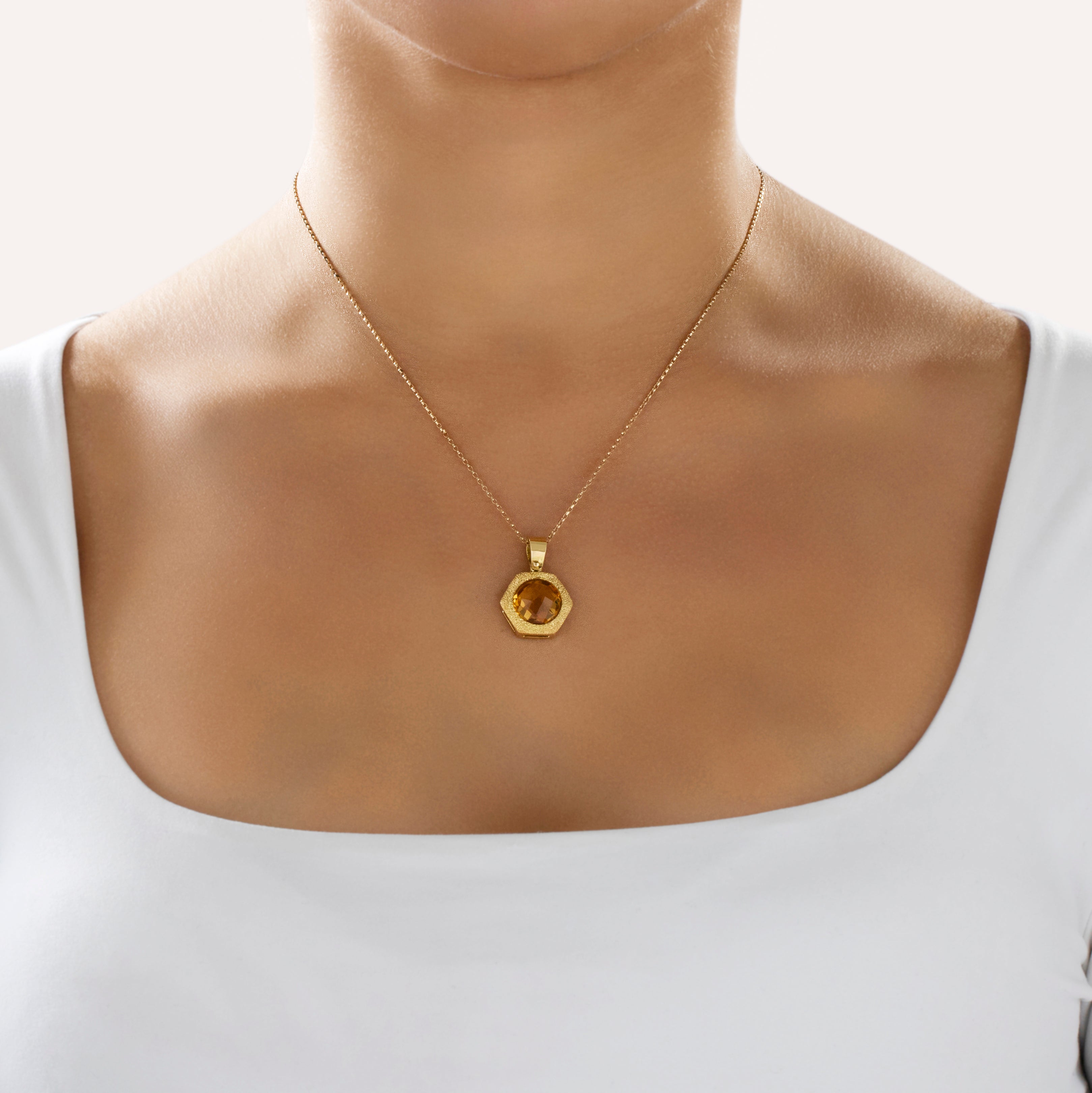 Vintage Italian 18k Yellow Gold 3.72ct Citrine Hexagonal Halo Pendant