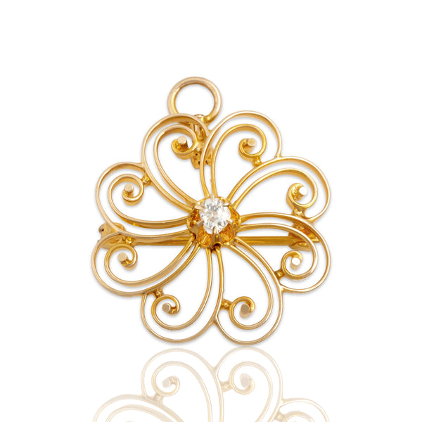 Antique 10k Yellow Gold .14ct Old Mine Cut Diamond Swirling Flower Pin / Pendant