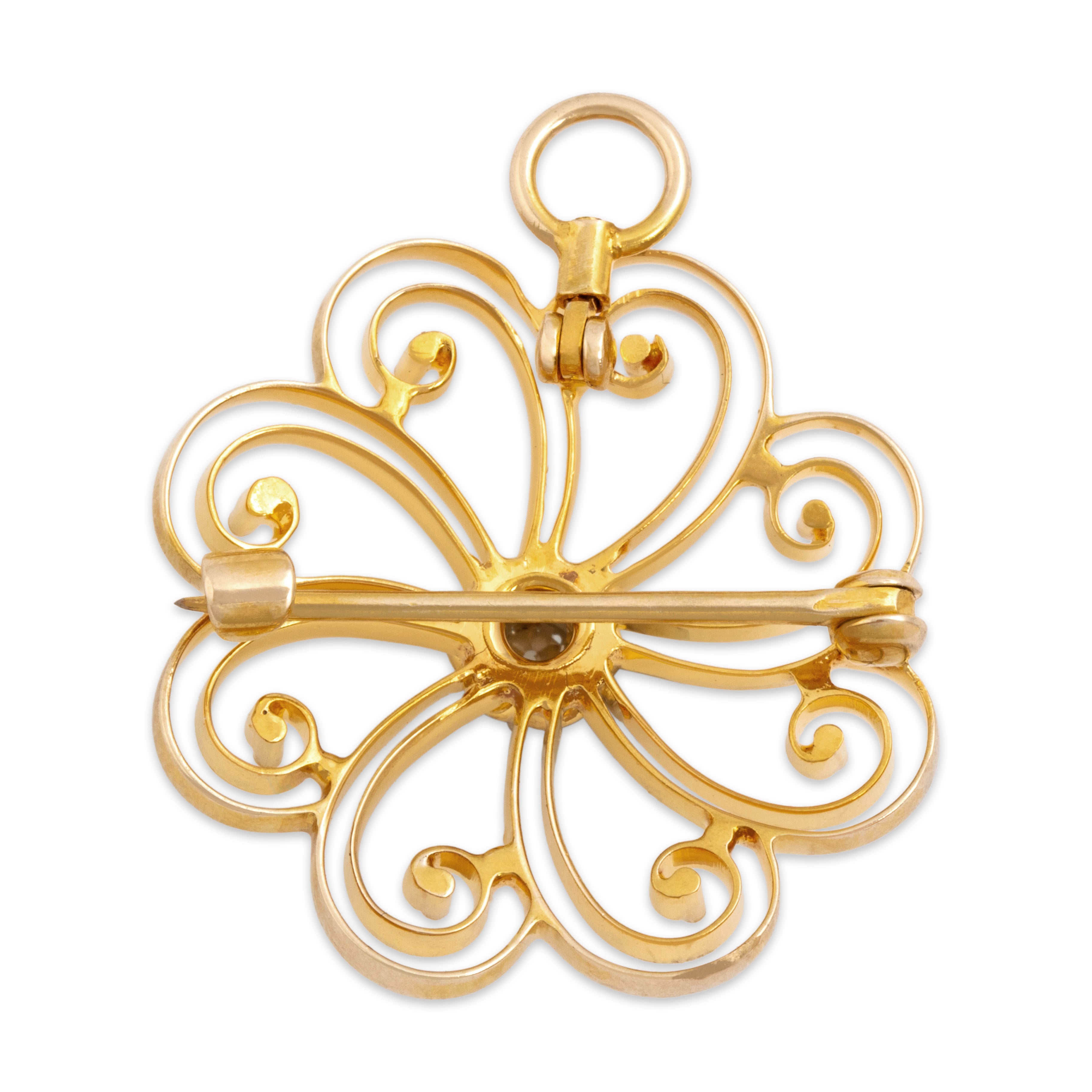 Antique 10k Yellow Gold .14ct Old Mine Cut Diamond Swirling Flower Pin / Pendant