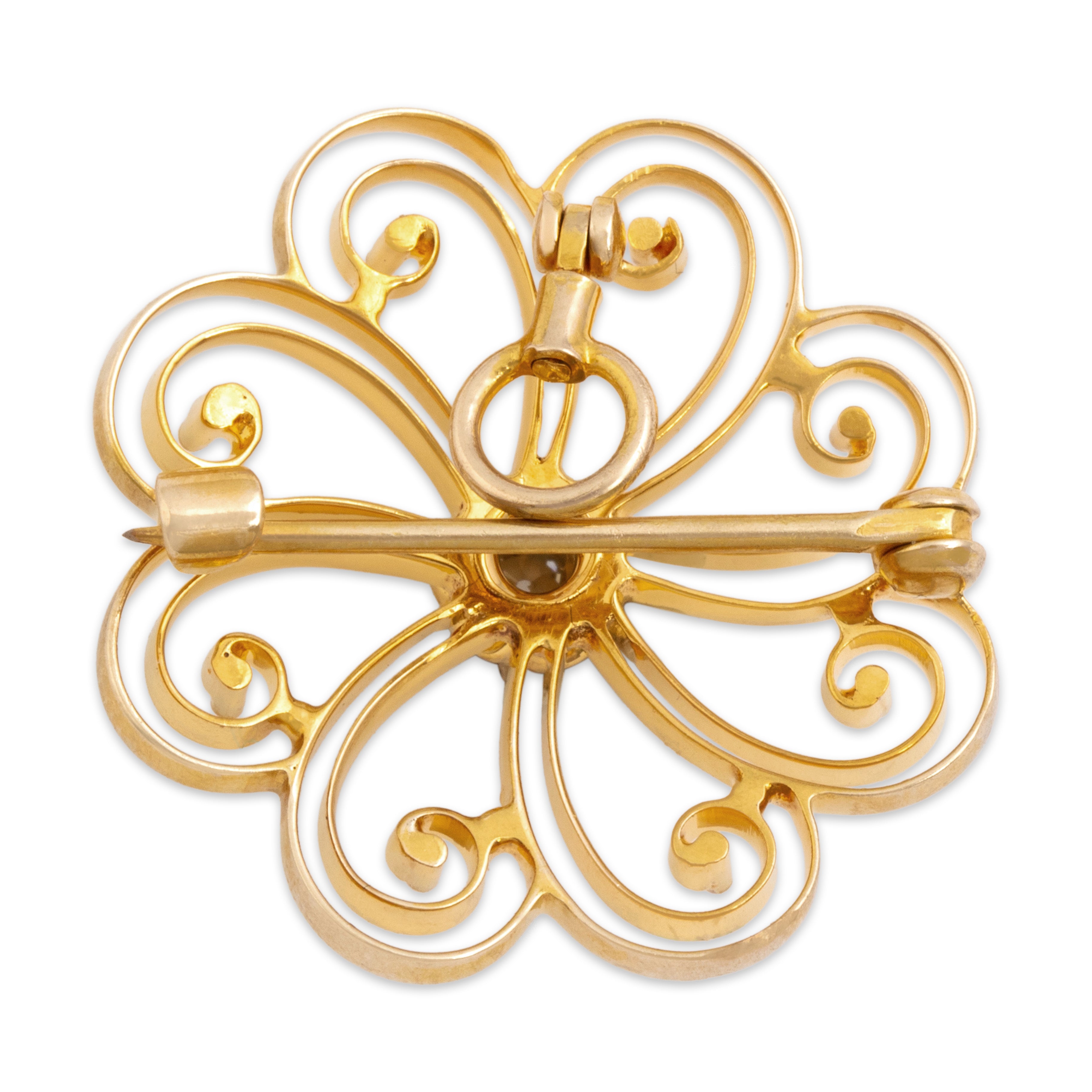 Antique 10k Yellow Gold .14ct Old Mine Cut Diamond Swirling Flower Pin / Pendant