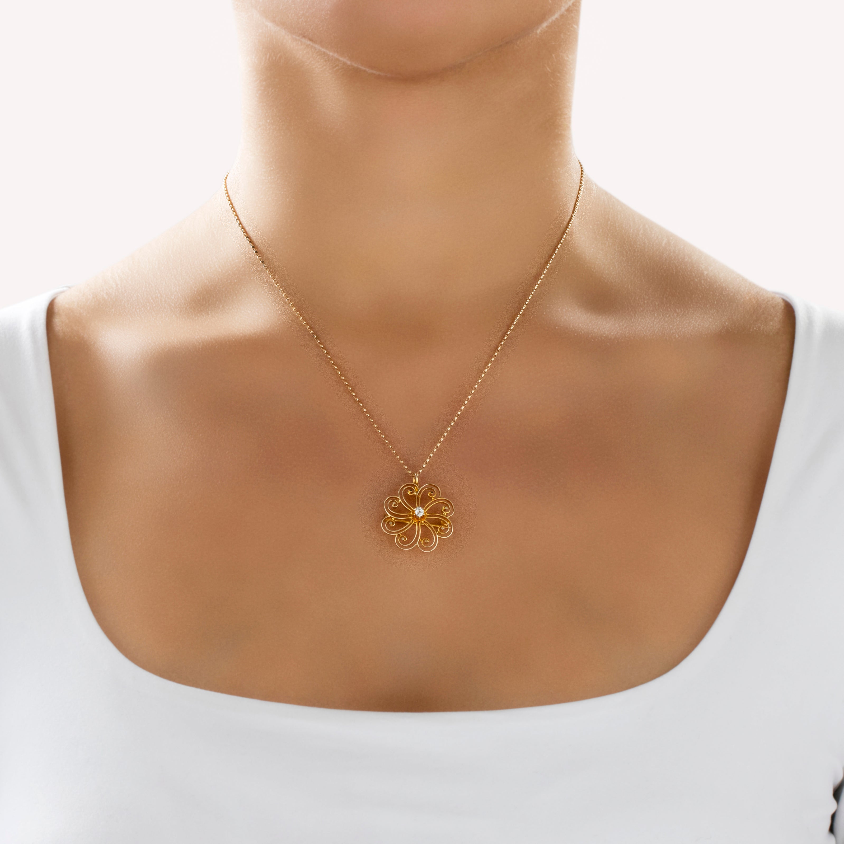 Antique 10k Yellow Gold .14ct Old Mine Cut Diamond Swirling Flower Pin / Pendant