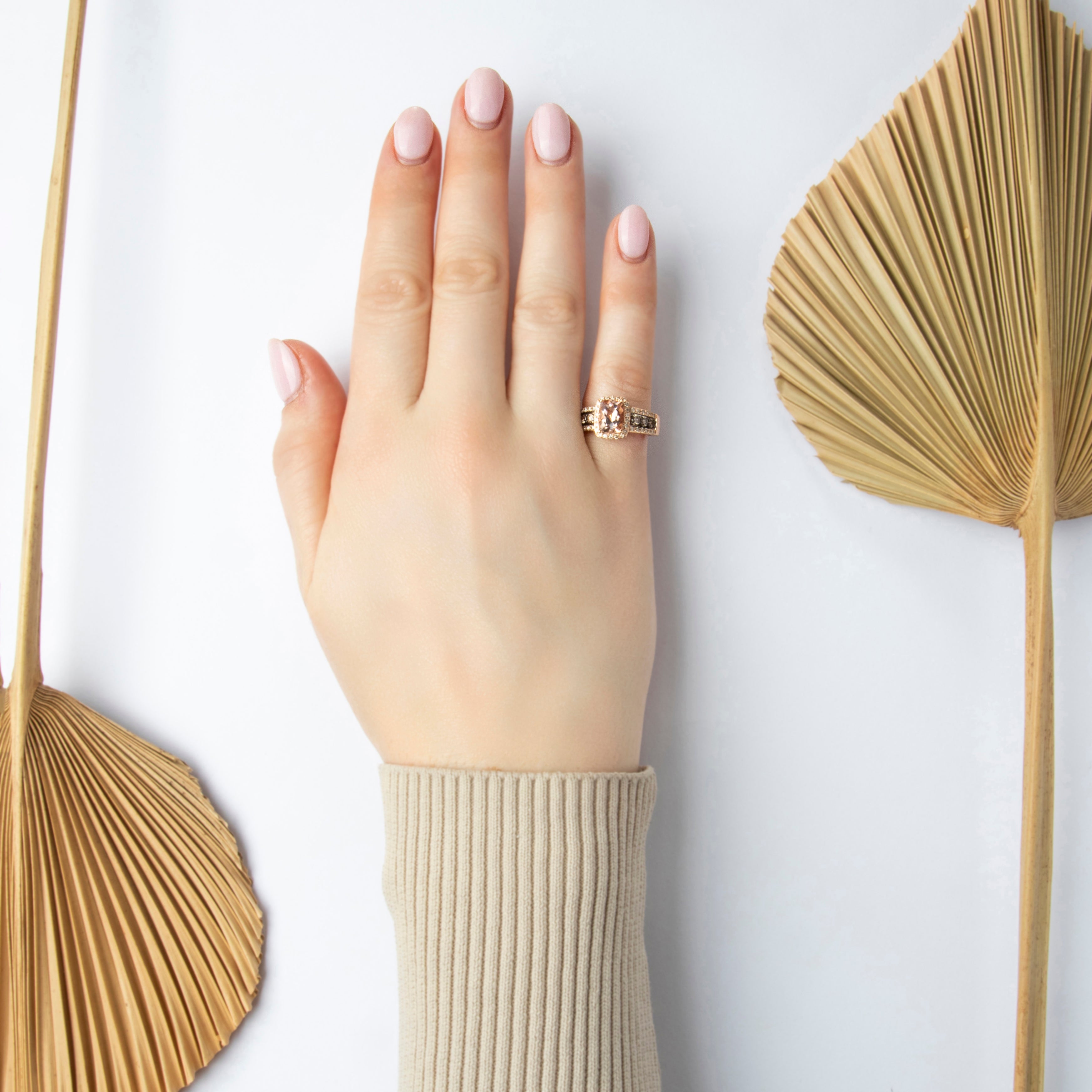 Estate 14k Rose Gold .86ct Morganite .53cttw Champagne Diamond Sparkling Cushion Halo Decorative Shoulder Ring - On model view