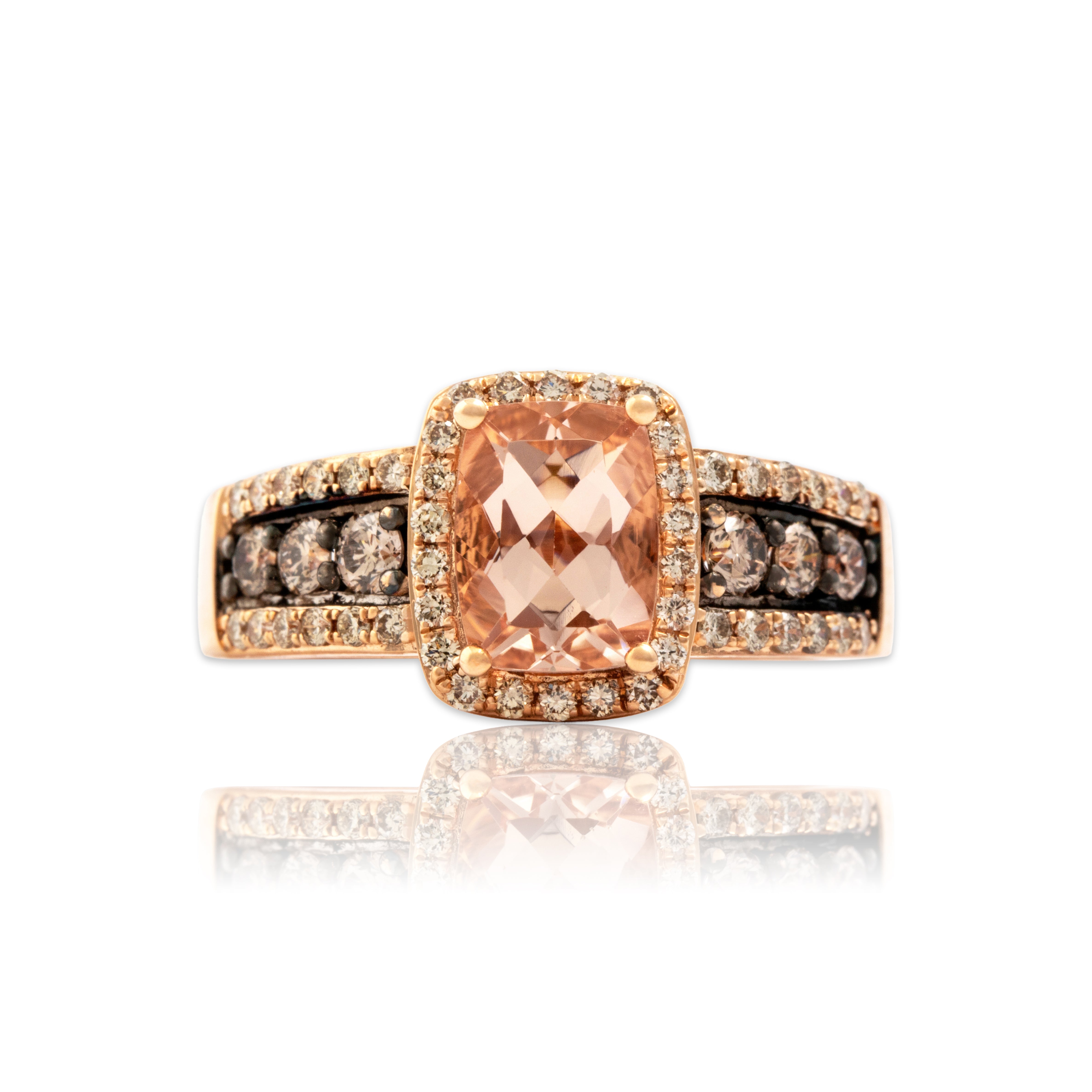 Estate 14k Rose Gold .86ct Morganite .53cttw Champagne Diamond Sparkling Cushion Halo Decorative Shoulder Ring - Close-up view