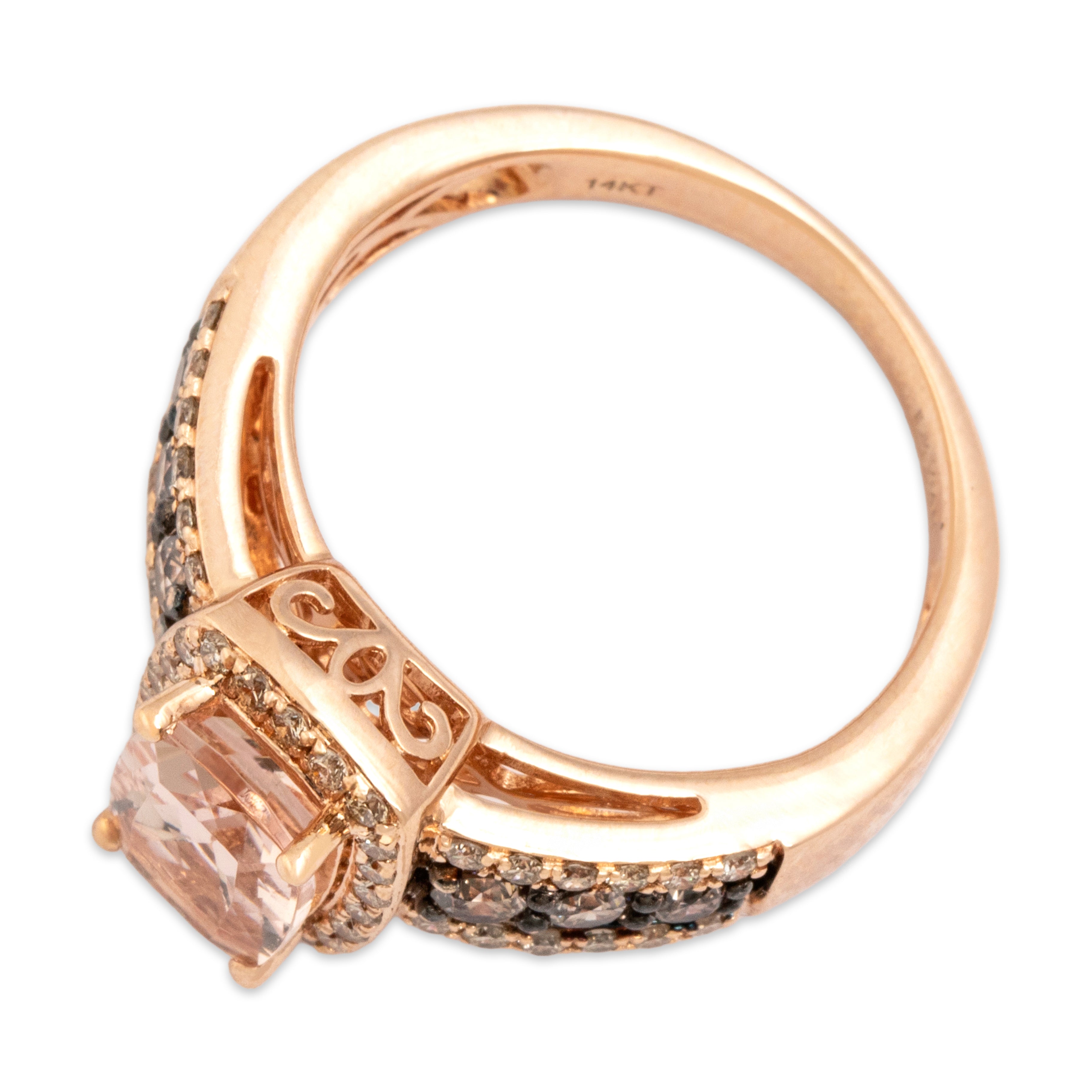 Estate 14k Rose Gold .86ct Morganite .53cttw Champagne Diamond Sparkling Cushion Halo Decorative Shoulder Ring - Overall view